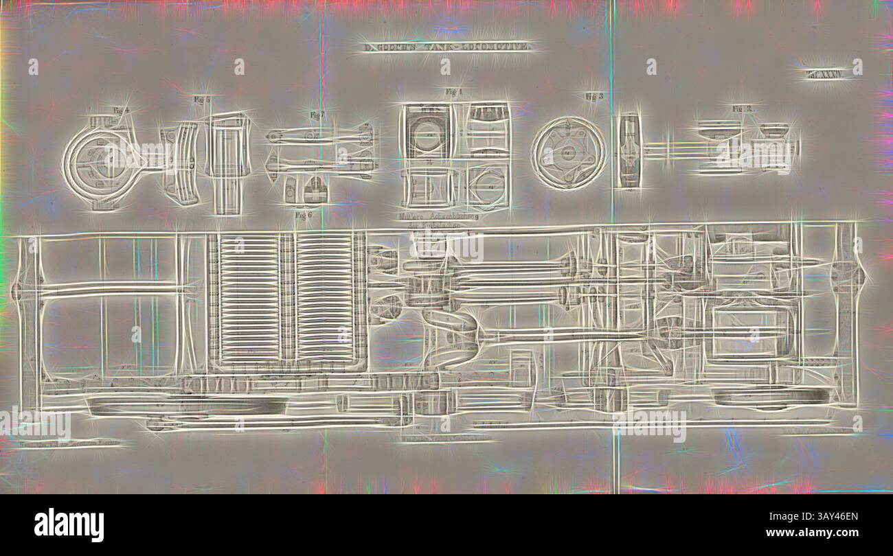 Die Abbildung zeigt ein detailliertes technisches Diagramm eines Drehmotors mit verschiedenen Komponenten wie Rotor, Ansaug- und Auspuffsystem sowie beschrifteten Abschnitten zur eindeutigen Identifizierung., D. Gooch's Tanklokomotive, Grundriss einer Tanklokomotive, signiert: Heusinger v., W, Lith., V, J. Lehnhardt; Verlag v., CH. W. Kreidel, Platte XXXIV, nach S. 175, Heusinger von Waldegg, Edmund; Lith. Anstalt von J. Lehnhardt (lith.); Christian Wilhelm Kreidel Verlag (Hrsg.), Edmund Heusinger von Waldegg; Wilhelm Clauss: Abbildung und Beschreibung der Lokomotive-Maschine: Nach den besten Stockfoto