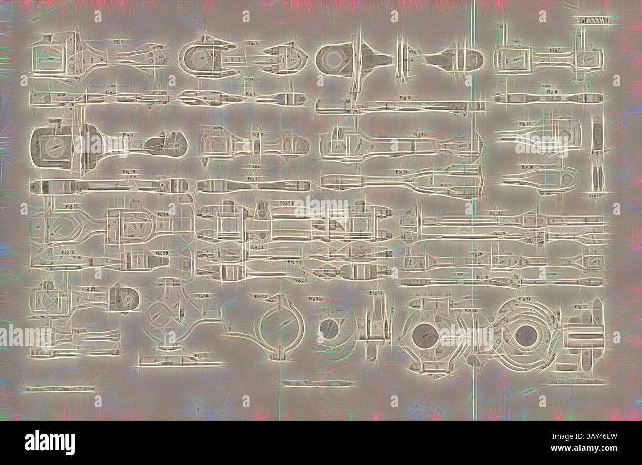 Eine Sammlung komplizierter, abstrakter Designs mit verschiedenen mechanischen Komponenten und Formen, die in einem rasterartigen Format angeordnet sind. Die Linien sind fein detailliert und schaffen ein Gefühl von Komplexität und Präzision., Kurbel- und Kupplungsstangen, Exzenterscheiben und -Stangen, Details zu verschiedenen Lokomotiven, signiert: Heusinger v., W, Lith., V, J. Lehnhardt; Verlag v., CH. W. Kreidel, Plate XXXVIII, nach S. 175, Heusinger von Waldegg, Edmund; Lith. Anstalt von J. Lehnhardt (lith.); Christian Wilhelm Kreidel Verlag (Hrsg.), Edmund Heusinger von Waldegg; Wilhelm Clauss: Abbildung und Beschreibung der Lokomotive- Stockfoto