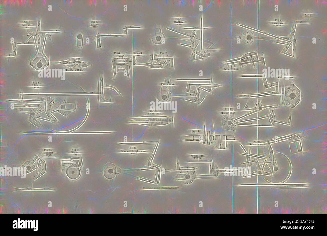 Eine Sammlung abstrakter Skizzen mit dynamischen Formen und Linien, die jeweils mit Zahlen und Beschriftungen versehen sind, die Konstruktions- oder Konstruktionskonzepte vorschlagen. Das Arrangement schafft eine komplizierte visuelle Untersuchung von Form und Funktion. Steuerelemente von Lokomotiven, Technische Skizzen von Steuerungen, signiert: Heusinger v., W, Lith., V, J. Lehnhardt; Verlag v., CH. W. Kreidel, Platte E, nach S. 175, Heusinger von Waldegg, Edmund; Lith. Anstalt von J. Lehnhardt (lith.); Christian Wilhelm Kreidel Verlag (Hrsg.), Edmund Heusinger von Waldegg; Wilhelm Clauss: Abbildung und Beschreibung der Stockfoto