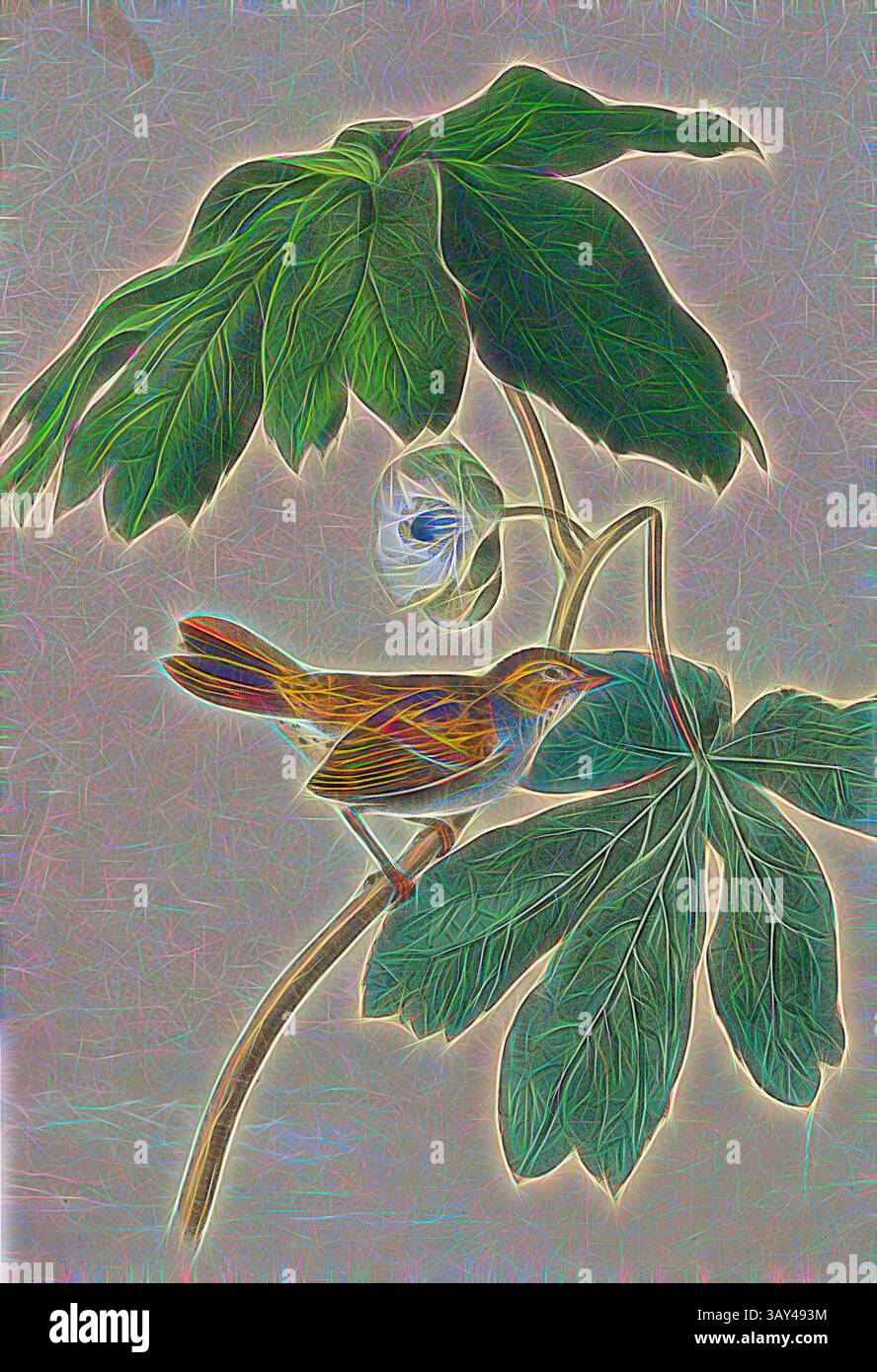 Ein kleiner Vogel thront zart auf einem lebendigen grünen Zweig, umgeben von üppigen Blättern und einer blühenden Blume, was eine ruhige und harmonische Szene schafft., Sumpfspatz - Maiapfel, Schlammschwammervögel (Melospiza georgiana), Flugblätter (Podophyllum), signiert: J.J. Audubon, J.T. Bowen, Lithograph, Pl. 175 (Vol. 3), Audubon, John James (gezeichnet); Bowen, J. T. (lith.), 1856: John James Audubon: the Birds of America: aus Zeichnungen in den Vereinigten Staaten und ihren Territorien. New York: Audubon, 1856, Klassische Kunst mit modernem Touch, neu interpretiert von Artotop Stockfoto