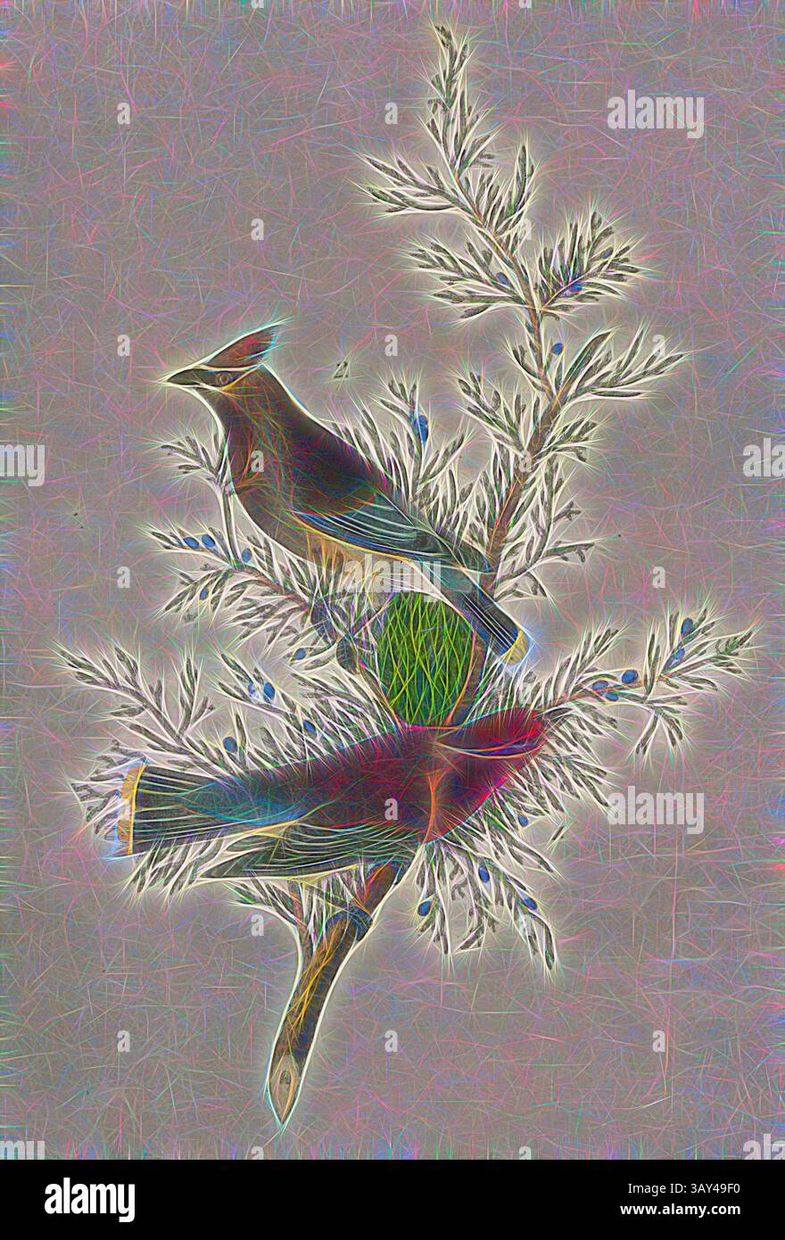 Zwei stilisierte Vögel sitzen auf einem Zweig, der mit zartem Laub und Beeren geschmückt ist und einen lebendigen Kontrast vor einem weichen Hintergrund schafft. Cedarbird oder Cedar Wachsflügel - Red Cedar, Eurasian Wyvern (Bombycilla), Virgin Juniper (Juniperus virginiana), signiert: J.J. Audubon, J.T. Bowen, Lithograph, PL. 246 (Vol. 4), Audubon, John James (gezeichnet); Bowen, J. T. (lith.), 1856: John James Audubon: the Birds of America: aus Zeichnungen in den Vereinigten Staaten und ihren Territorien. New York: Audubon, 1856, Klassische Kunst mit modernem Touch, neu interpretiert von Artotop Stockfoto