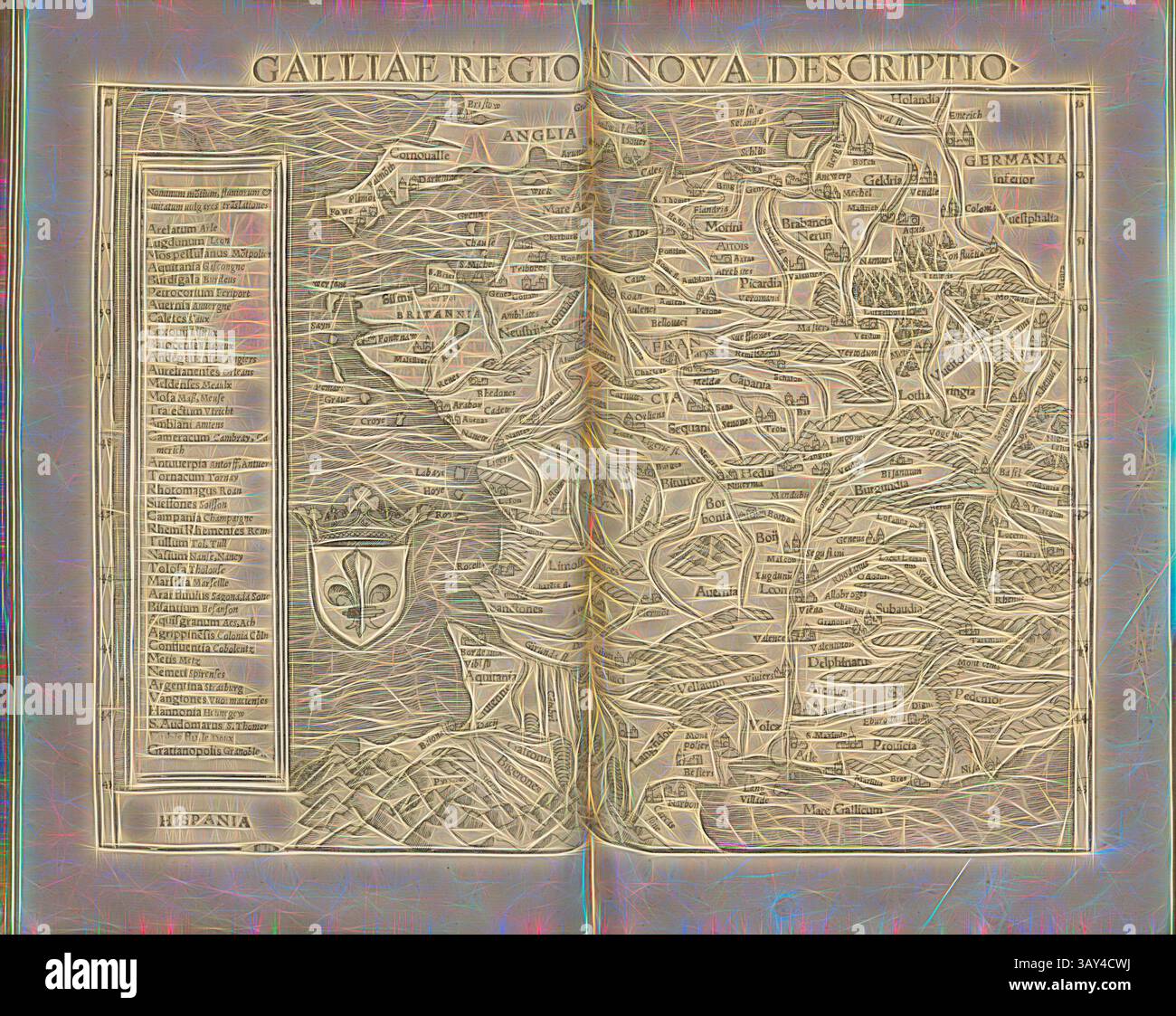 Eine historische Karte, die die Regionen von Gallien darstellt, komplett mit geografischen Merkmalen, alten Ortsnamen und kunstvollen Details. Das Layout spiegelt den kartographischen Stil der Epoche wider und zeigt politische Grenzen und bemerkenswerte Orte in einem gut strukturierten Format., Eine Beschreibung des Neuen Regioms von Gallien, Landkarte von Frankreich aus dem 16. Jahrhundert, Abb. 7, gemäß S. 5, 1552, Sebastian Münster: Cosmographiae universalis Lib. VI. In quibus, iuxta certification oris fidei scriptorum traditionem describuntur, Omniu[m] habitabilis orbis partiu[m] situs [...] Omnium gentium mores, leges, religio, res gestae Stockfoto