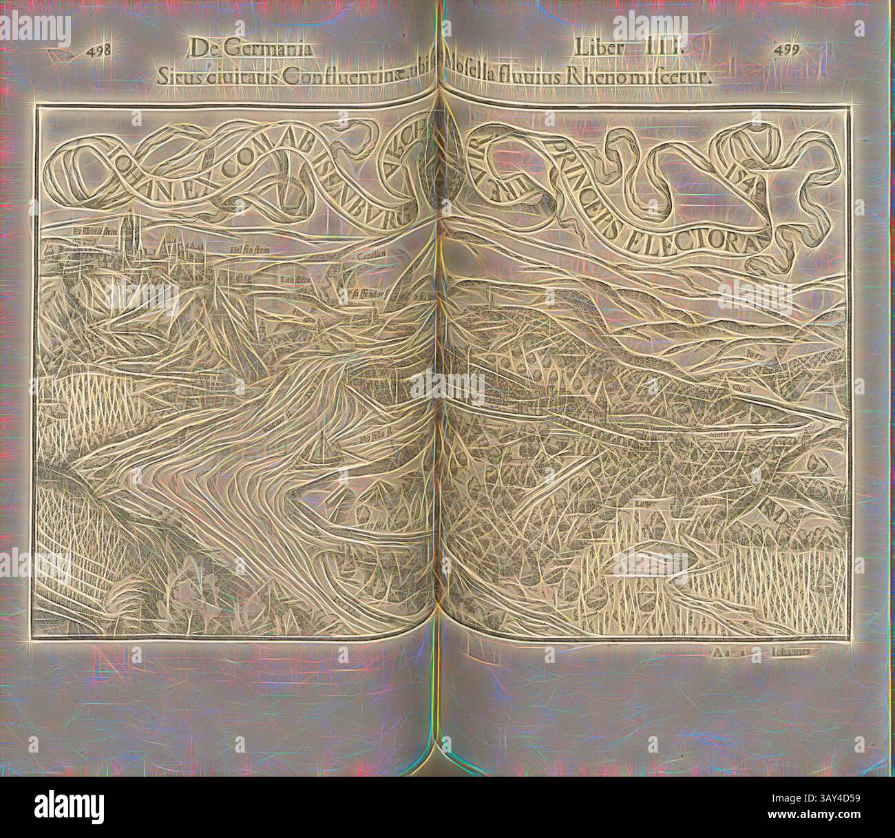 Eine komplizierte Illustration, die eine Landschaft mit Flüssen, Hügeln und Gebäuden darstellt, umgeben von dekorativen Bannern und Texten, die einen historischen oder geografischen Kontext andeuten. Die Szene ist detailreich und betont die natürliche Schönheit und menschliche Besiedlung., die Lage der Stadt, Konfluentinae, dh wo sie sich mit der Rheinmosel vermischt, Abbildung Koblenz aus dem 16. Jahrhundert, signiert RMD, Abb. 42, S. 498 & 499, Deutsch, Hans Rudolf Manuel, 1549, Sebastian Münster: Cosmographiae universalis Lib. VI. In quibus, iuxta certification oris fidei scriptorum traditionem describuntur, Omniu Stockfoto