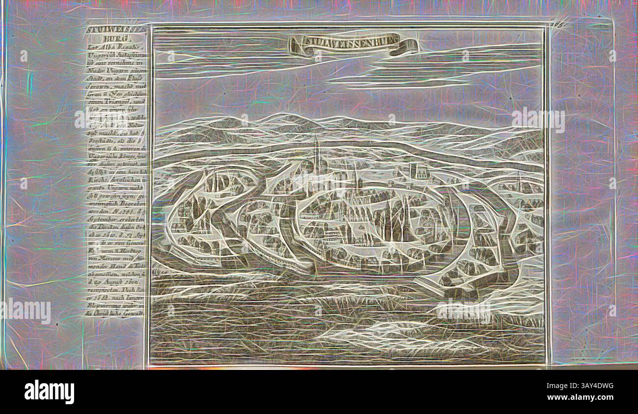 Eine aufwendig detaillierte Karte, die eine historische Stadt darstellt, umgeben von hügeligen Hügeln. Das Layout zeigt Straßen, Gebäude und bedeutende Wahrzeichen, mit einem Schlüssel auf der Seite, der bemerkenswerte Orte enthält. Ein Banner auf der Spitze kennzeichnet die Stadt, während wirbelnde Muster der Präsentation einen künstlerischen Flair verleihen., Stulweissenburg, Székesfehérvár in Ungarn, pl. 165, nach S. 51, 1710, Gabriel Bodenehr: Europens Pracht und Macht in 200 Kupfer-Stücken: Worinnen nicht nur nur die berühmtest und ansehnlichste, sondern auch andere Stätte, Festungen, Schlösser, Klöster, Pässe, Erneut Identifizieren Stockfoto