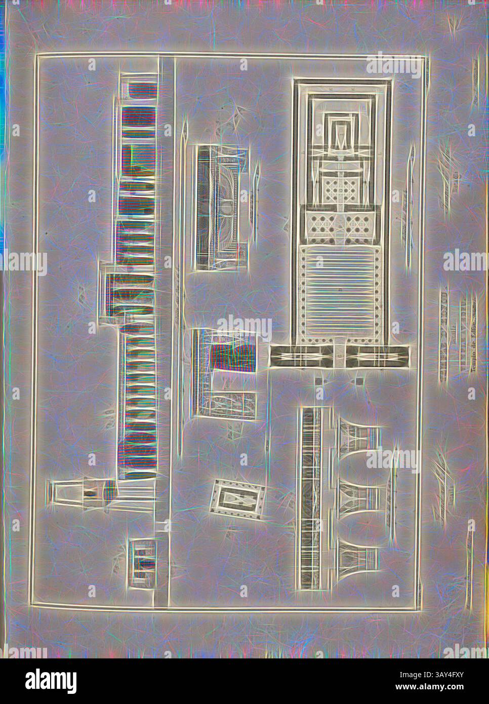 Ein kompliziertes Layout mit einer Vielzahl von geometrischen Formen und Mustern, das ein komplexes Design schafft, das architektonische Elemente oder einen strukturierten Plan anbietet. Subtile Texturen und Linien verstärken die visuelle Gesamttiefe., Tempel von Edfu, Grundriss und Querschnitt des Tempels von Edfu, signiert: H. Horeau (del.), Lemaitre (Skulptur), Abb. 35, S. 155; Horeau, H. (del.), Lemaitre, Augustin Francois (Sculp.), 1853, Jules Gailhabaud: Monuments anciens et modern. Bd. 1. Paris: Librairie de Firmin Didot frères, 1853, Klassische Kunst mit einem modernen Twist, neu gestaltet von Artotop Stockfoto