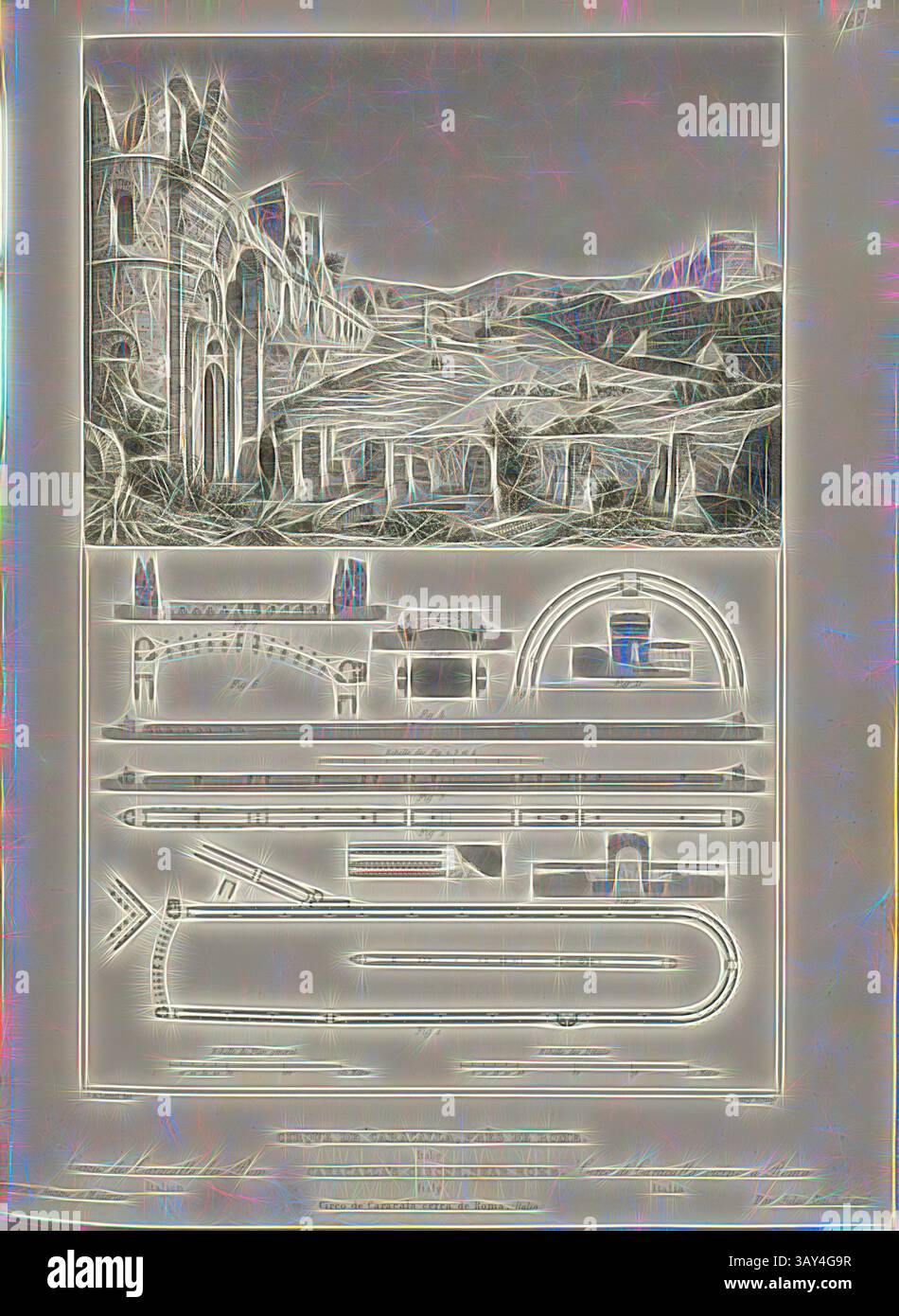 Ein stilisierter architektonischer Entwurf, der eine große, komplizierte Struktur mit geschwungenen Bögen und detaillierten Erhebungen zeigt, begleitet von einem detaillierten Layout verschiedener Brückendesigns und struktureller Elemente. Die Komposition betont geometrische Muster und künstlerische Verzierungen und spiegelt eine fantasievolle Vision von Technik und Design wider. Circus of Caracalla, nahe Rom, Circus of Maxentius in Rom, signiert: J. A. Leveil (del.); Bury (sc.), Abb. 99, S. 401, Leveil, J. A. (del.); Bury (Sculp.), 1853: Jules Gailhabaud: Monuments anciens et modern. Bd. 1. Paris: Librairie de Firmin Didot frères Stockfoto