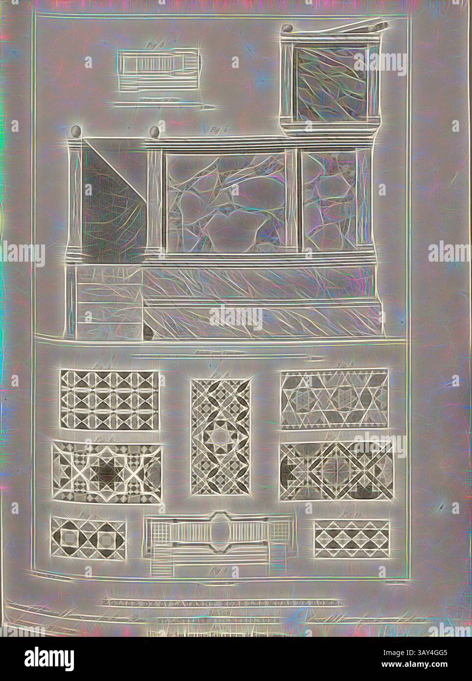 Eine Sammlung komplexer geometrischer Muster und Designs, mit einer Vielzahl von Formen und Texturen, die in einem rasterartigen Format angeordnet sind und die Kunst dekorativer Elemente demonstrieren., Kirche St. Lorenz vor den Mauern Roms. Ambon 2, Ambo (Kanzel) in der Kirche San Lorenzo fuori le mura in Rom, signiert: D'après M.E. Prestat; J. Jourdan del, Bury Sculp, Fig. 18, S. 71, Prestat, Edmond (Inv.); Jourdan, Jean Marie (del. d'après Edmond Prestat); Bury, Jean Baptiste Marie (sc.), 1853, Jules Gailhabaud: Monuments anciens et modern: Collection formant une histoire de l'Architecture des Stockfoto