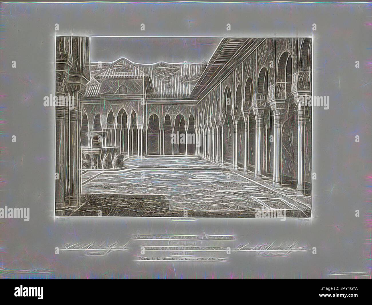 Ein eleganter Innenhof mit großen Bögen und komplexen architektonischen Details, beleuchtet durch sanftes Licht. Der friedliche Raum lädt zur Besinnung ein, mit strukturierten Steinflächen und offenen Gängen, die zu einer ruhigen Aussicht auf eine ferne Landschaft führen., Palast der Alhambra, Granada. Lions Court, Lion's Yard in der Alhambra in Granada, unterzeichnet: A. Berty del, d'après al., Dela, Borde, Bury Sculp, PL., 10, Laborde, Alexandre de (Inv.); Berty, Adolphe (del. d'après Alexandre de Laborde); Bury, Jean Baptiste Marie (sc.), 1853, Jules Gailhabaud: Monuments anciens et modern: Collection formant une Stockfoto