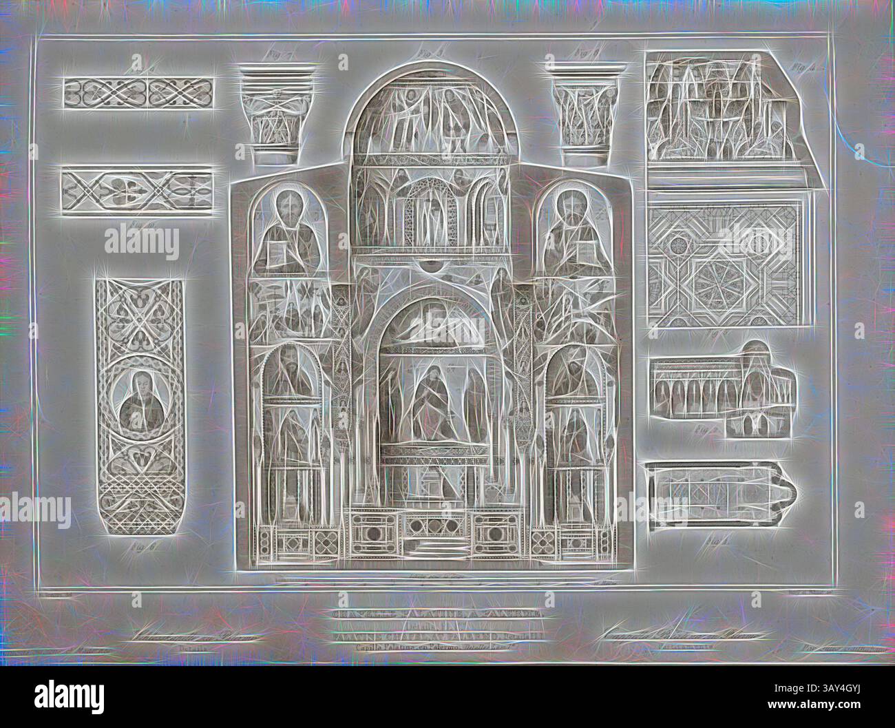 Ein kompliziertes architektonisches Design zeigt verschiedene Elemente, darunter detaillierte Schnitzereien von Figuren und kunstvolle Muster, die an historische religiöse Kunstwerke erinnern. Die Komposition verfügt über eine zentrale Struktur, die von dekorativen Motiven und kleineren Grafiken flankiert wird, die Handwerkskunst und Kunstfertigkeit hervorheben., Palatinkapelle, Palermo. Details. Pl. 1, Cappella Palatina im Palazzo dei Normanni in Palermo mit Querschnitt und Grundriss, unterzeichnet: E. Travers del, Bury et Ribaut sc, PL., 17, Travers, E.(del.); Bury, Jean Baptiste Marie (sc.); Ribaut (sc.), 1853, Jules Gailhabaud: Monuments anciens Stockfoto