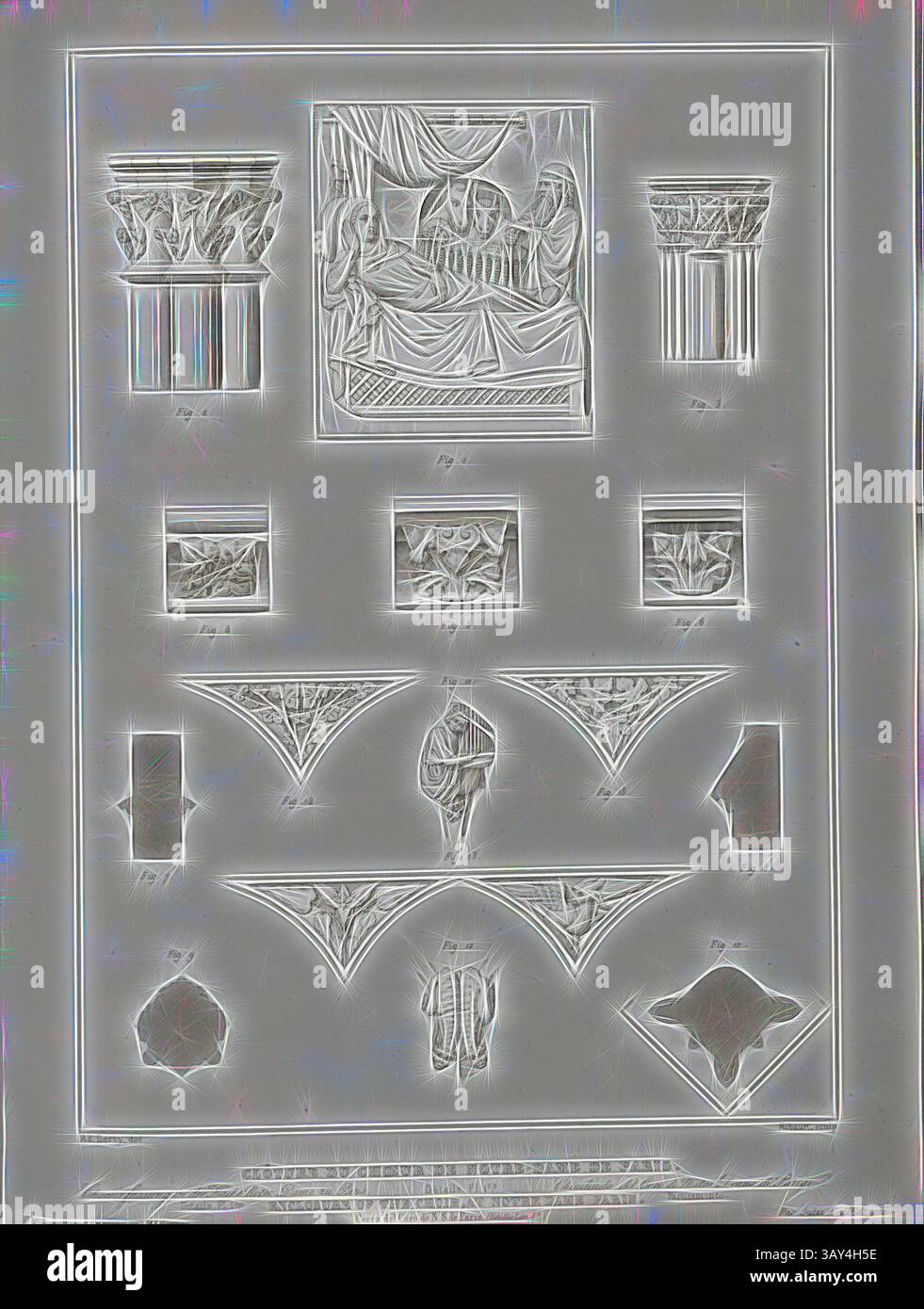 Ein detailliertes Layout mit verschiedenen architektonischen Entwürfen und Ornamenten, einschließlich Säulen, Kapitellen und dekorativen Motiven, im Rasterformat als Referenz oder Studie angeordnet. Abschluss des Chors von Notre-Dame de Paris. Details. Pl. I., Ornaments of the Chor of the Notre-Dame de Paris, signiert: Ad., Berty del, Ribault sc, PL., 70, Berty, Adolphe (del.); Ribault (sc.), 1853, Jules Gailhabaud: Monuments anciens et modern: Collection formant une histoire de l'Architecture des différents peuples à toutes les époques. Paris: Librairie de Firmin Didot frères, 1853, Klassische Kunst mit Moderne Stockfoto