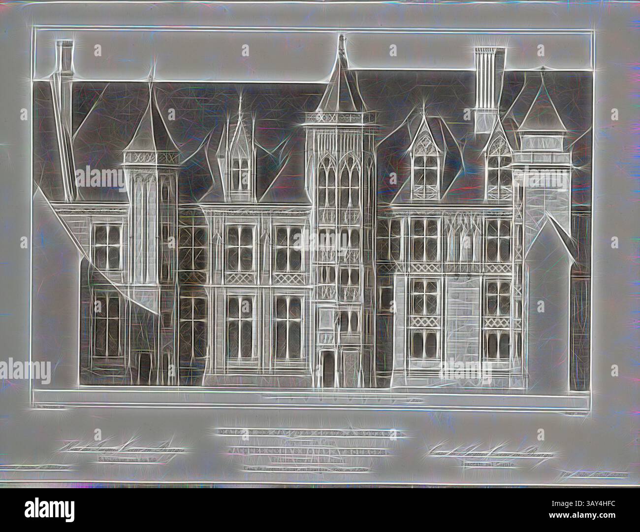 Eine komplexe architektonische Illustration, die ein großes, mehrgiebiges Gebäude mit kunstvollen gotischen Elementen, einschließlich Spitzbögen und dekorativen Türmen, zeigt. Das detaillierte Design unterstreicht die Eleganz und Handwerkskunst der Struktur. Haus Jacques Coeur, in Bourges. Cup on the Court, Querschnitt des Jacques-C ur Palace in Bourges, unterzeichnet: J. de Mérindol del, Bury Sculp, PL., 83, Merindol, Jules Charles Joseph de (del.); Bury, Jean Baptiste Marie (sc.), 1853, Jules Gailhabaud: Monuments anciens et modern: Collection formant une histoire de l’Architecture des différents peuples à Stockfoto