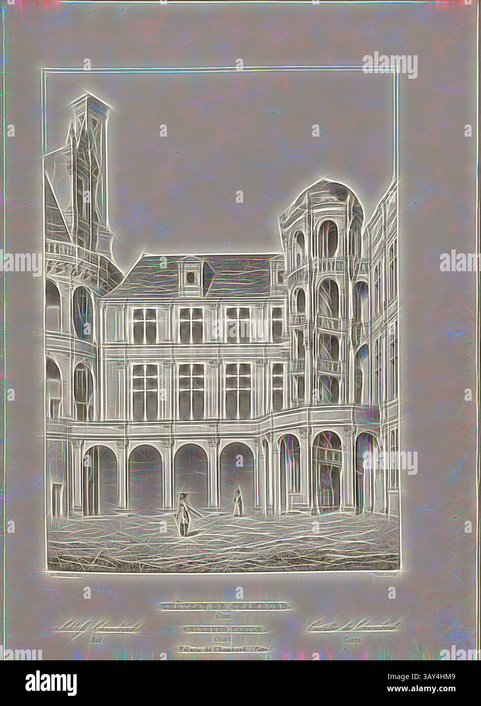 Eine detaillierte architektonische Illustration zeigt einen großen Innenhof, umgeben von eleganten Bögen und aufwendig gestalteten Fassaden, mit Figuren, die durch den ruhigen Raum gehen. Der Kontrast zwischen den strukturellen Elementen und dem offenen Himmel schafft ein fesselndes visuelles Erlebnis. Chambord Castle. Court, Courtyard of Chambord Castle in the Loire Valley, unterzeichnet: De Mérindol del, Bury Sculp, Fig. 39, S. 193, Merindol, Jules Charles Joseph de (del.); Bury, Jean Baptiste Marie (sc.), 1853, Jules Gailhabaud: Monuments anciens et modern: Collection formant une histoire de l'Architecture des Stockfoto