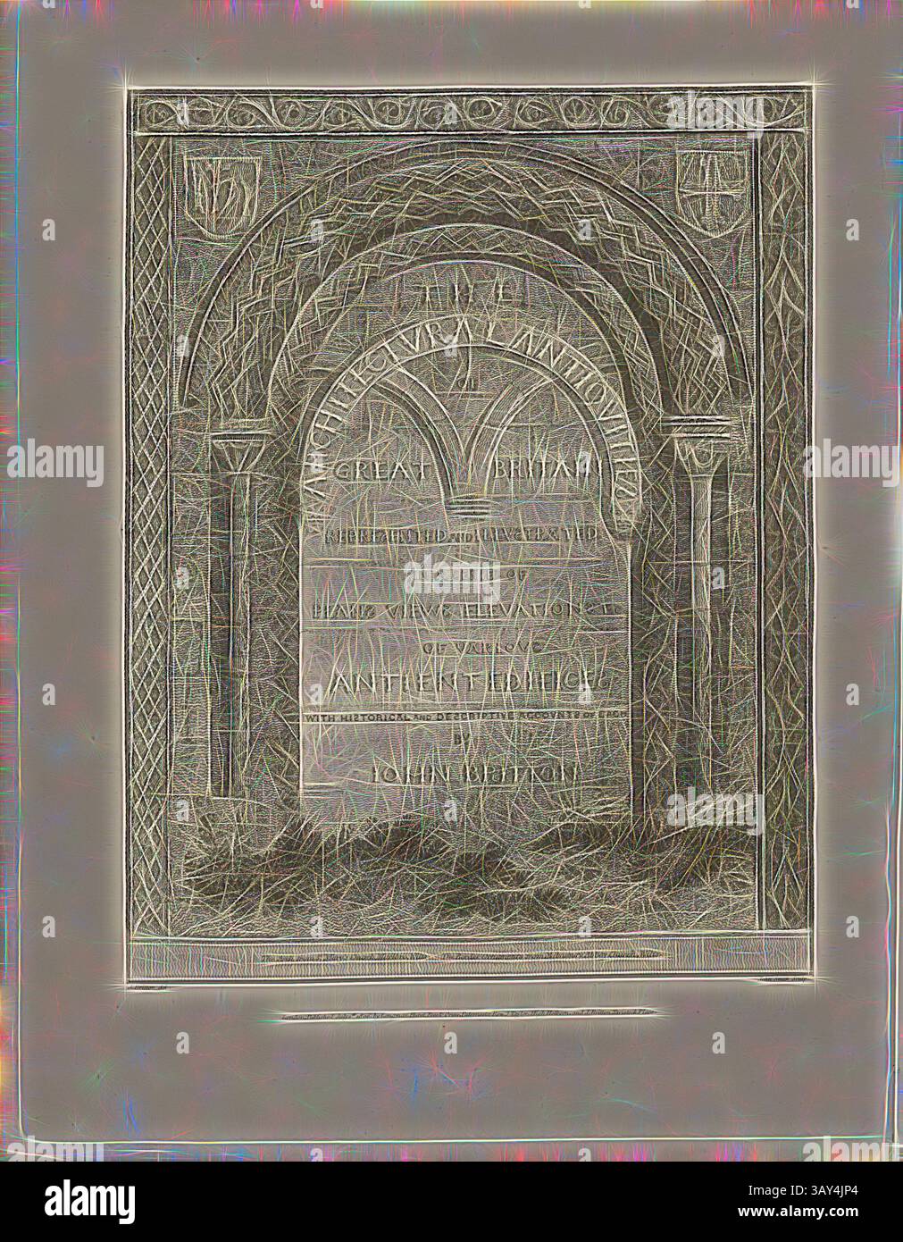 Ein aufwändig gestaltetes Steinrelief mit gewölbten Mustern und dekorativen Elementen, mit einer Inschrift, die eine bedeutende historische oder kulturelle Botschaft zu vermitteln scheint. Die Handwerkskunst hebt die handwerkliche Verarbeitung hervor und deutet auf eine Verbindung zu einem bestimmten Erbe oder einer bestimmten Epoche hin. Titelblatt zu „The Architectural Antiquities of Great Britain“, signiert: J. Britton (del.); John Smith (Sculp.), Abb. 1, Titelseite, Britton, J. (del.); Smith, John (sc.), 1807, John Britton: the Architectural Antiquities of Great Britain: dargestellt und illustriert in einer Reihe von Ansichten, Erhebungen, Plänen Stockfoto