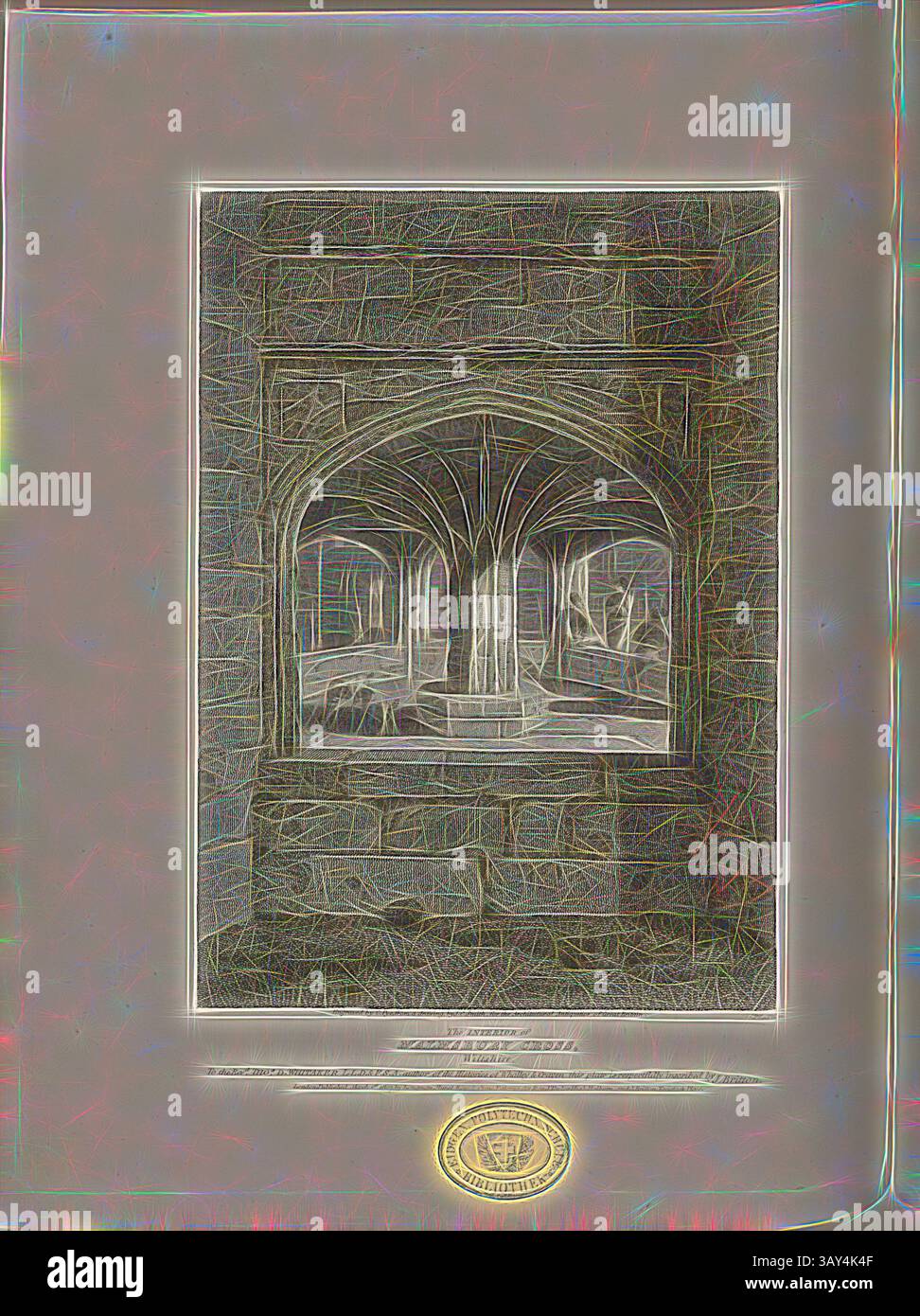 Ein ruhiger Blick auf bogenförmige Steinstrukturen, die komplizierte Details und ein Gefühl für Tiefe zeigen, einladen zum Nachdenken über Geschichte und Handwerk., das Innere von Malmsbury Cross, Wiltshire, das Innere des Malmesbury Market Cross in Malmesbury, signiert: Gravur von C. Pye, nach einer Zeichnung von J. C. Smith, Abb. 34, Pl. IV, nach S. 18, Smith, J. C. (Zeichnung); Pye, C. (engr.), 1807, John Britton: the Architectural Antiquities of Great Britain: dargestellt und illustriert in einer Reihe von Ansichten, Erhebungen, Plänen, Abschnitten und Details verschiedener antiker englischer Gebäude: mit historischen und Stockfoto