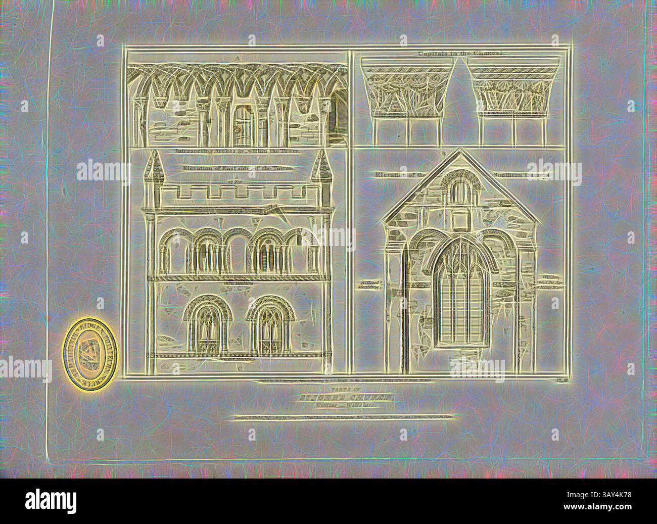 Eine detaillierte architektonische Zeichnung, die das komplexe Design eines Gebäudes zeigt, mit verschiedenen Aussichten, einschließlich einer großen Fassade, verzierten Fenstern und raffinierten strukturellen Elementen, begleitet von einer Dichtung in der Ecke., St. John's Church, Devizes Wiltshire, Details der St. John's Church at Devizes in Wiltshire, signiert: Etch'd by M. S. Barenger, aus einer Zeichnung von J. C. Smith, Abb. 5, Pl. III, bis S. 6, Smith, J. C. (Zeichnung); Barenger, M. S. (Etching), 1807, John Britton: the Architectural Antiquities of Great Britain: dargestellt und illustriert in einer Reihe von Ansichten, Erhebungen, Plänen Stockfoto