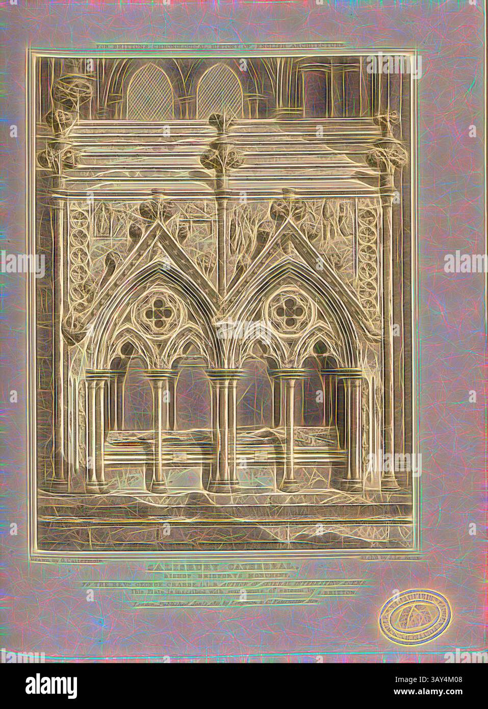 Eine detaillierte Darstellung komplizierter gotischer Architektur mit kunstvollen Bögen und dekorativen Motiven, die die Pracht eines historischen Kathedralinnenraums hervorheben. Salisbury Cathedral, Bischof Bridport Monument, Grab von Giles of Bridport in der Salisbury Cathedral, Wiltshire, signiert: Gezeichnet von G. Cattermole; Etch'd von J. Le Keux; herausgegeben von Longman & Co, Abb. 48, S. 260, Cattermole, George (Zeichnung); Keux, John Le (Etching); Longman & Co. (veröffentlicht), 1821, John Britton: the Architectural Antiquities of Great Britain: dargestellt und illustriert in einer Reihe von Ansichten, Erhebungen, Plänen, Abschnitten Stockfoto