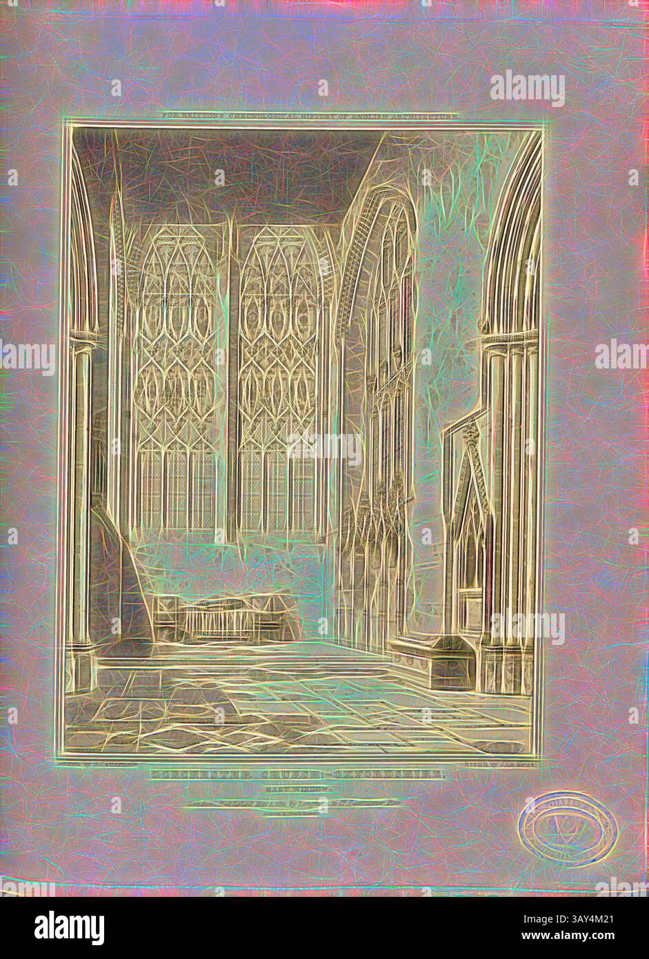 Eine atemberaubende Darstellung eines aufwändig gestalteten Innenraums mit hohen, bogenförmigen Fenstern und detailliertem Mauerwerk, die die Pracht eines historischen Raumes beleuchten. Das Zusammenspiel von Licht und Architektur schafft eine ruhige Atmosphäre, die zur Nachsicht einlädt., Dorchester Church, Oxfordshire, Ostfenster, Fenster der Dorchester Abbey Church in Dorchester on Thames, Oxfordshire, signiert: gezeichnet von G. Cattermole; Etch'd von J. Le Keux; herausgegeben von Longman & Co, Abb. 63, nach S. 260, Cattermole, George (Zeichnung); Keux, John Le (Etching); Longman & Co. (veröffentlicht), 1821, John Britton: the Architectural Stockfoto