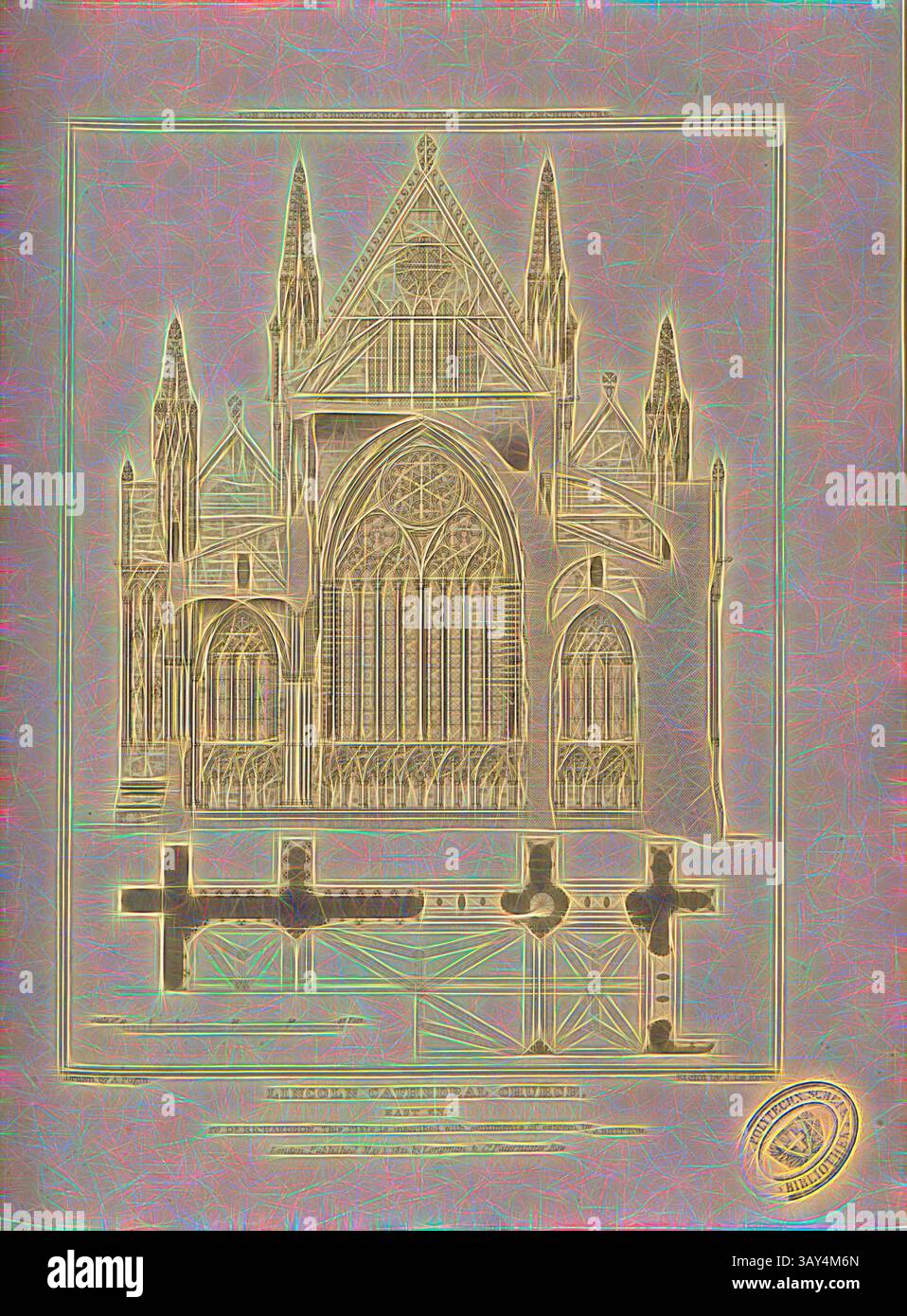 Eine aufwendig detaillierte architektonische Zeichnung einer großen Kathedrale mit ihren hoch aufragenden Türmen, verzierten Fenstern und komplexen strukturellen Elementen. Das Design betont den gotischen Stil mit raffinierten dekorativen Elementen und einer markanten Fassade. Lincoln Cathedral Church, East End, Lincoln Cathedral, Lincolnshire, signiert: gezeichnet von A. Pugin; Etch'd von J. Le Keux; herausgegeben von Longman & Co, Abb. 58, nach S. 260, Pugin, Augustus Charles (Zeichnung); Keux, John Le (Etching); Longman & Co. (publiziert), 1821, John Britton: the Architectural Antiquities of Great Britain: repräsentiert und illustriert in Stockfoto