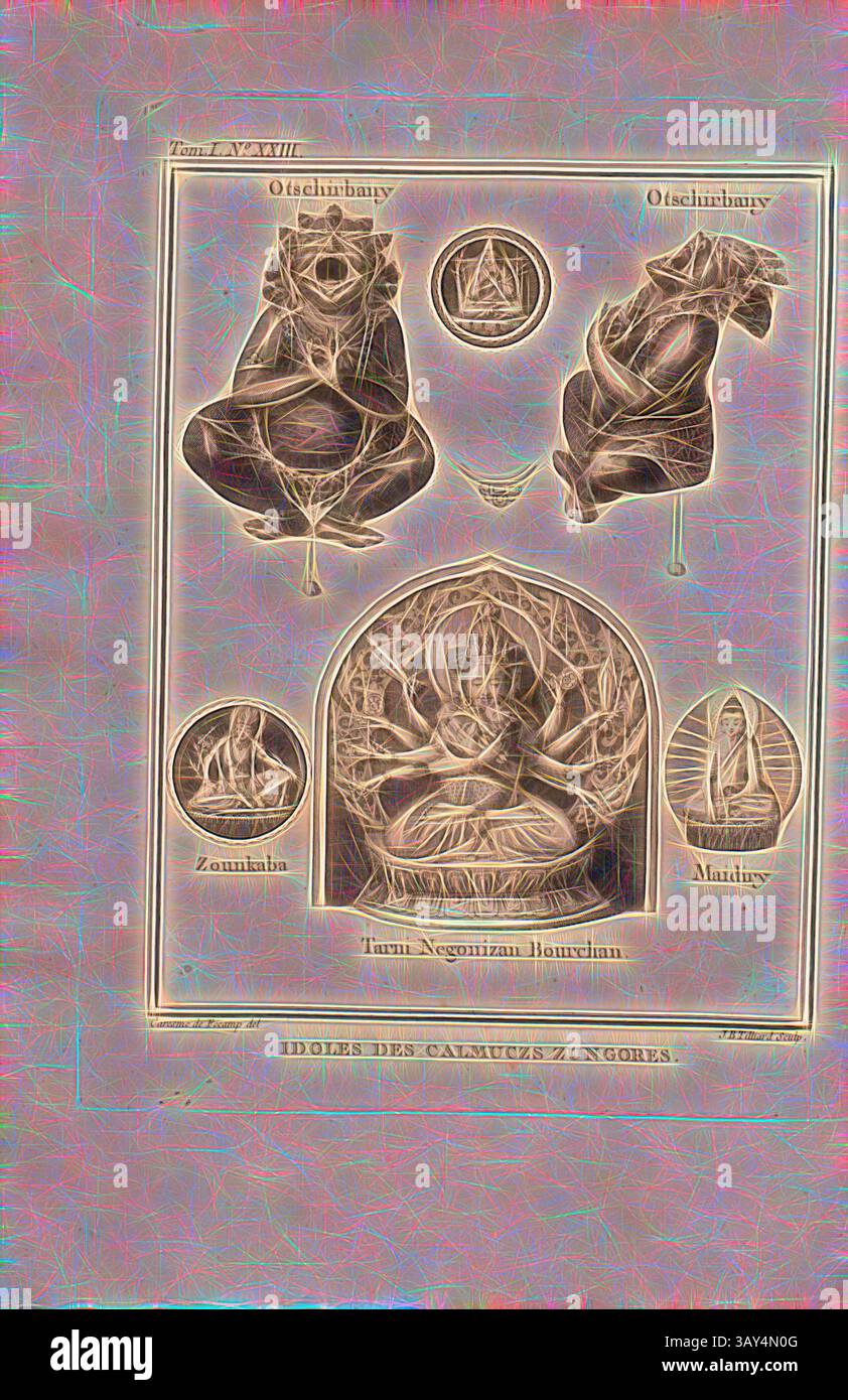 Das Kunstwerk zeigt eine zentrale Figur, umgeben von komplexen Designs und Symbolen, die verschiedene spirituelle oder mystische Themen darstellen. Die zentrale Figur flankiert durch zwei stilisierte Darstellungen von Individuen in meditativen Posen, während zusätzliche Elemente die Gesamtkomposition mit einem Gefühl von Tiefe und Komplexität verbessern, was auf eine reiche kulturelle oder philosophische Erzählung hindeutet. Ideen von Calmucz Zungores, verschiedene Idole der Kalmuks: Otschirbany, Zounkaba (Gott der Diebe), Maidiry (Antichrist), Tarni Negonizan Bourchan (Gott der Kinder, signiert von Caresamp) Stockfoto