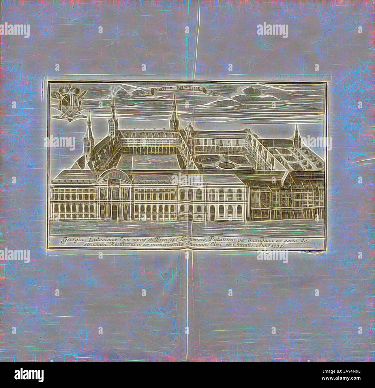 Eine detaillierte Gravur einer kunstvollen architektonischen Struktur mit mehreren Türmen und komplizierten Designs, begleitet von wirbelnden Wolken und dekorativen Verzierungen am Himmel. Das Bild vermittelt ein Gefühl von Größe und historischer Bedeutung. Jorge Luis und der Fürst des Bischofs von Lüttich, von der Munition des Palastes zu einem anderen durch Feuer auf der Seite der Straße, die wir wiederhergestellt haben, und Bedingungen. Der Klerus und der Staat. Im Jahr 1737, Fürstbischofspalast in Lüttich (Belgien), signiert: R. le Loup fecit, Abb. 16, S. 240, Leloup, Remacle (fec.), 1744, Les délices du pais de Liège, Ou Stockfoto