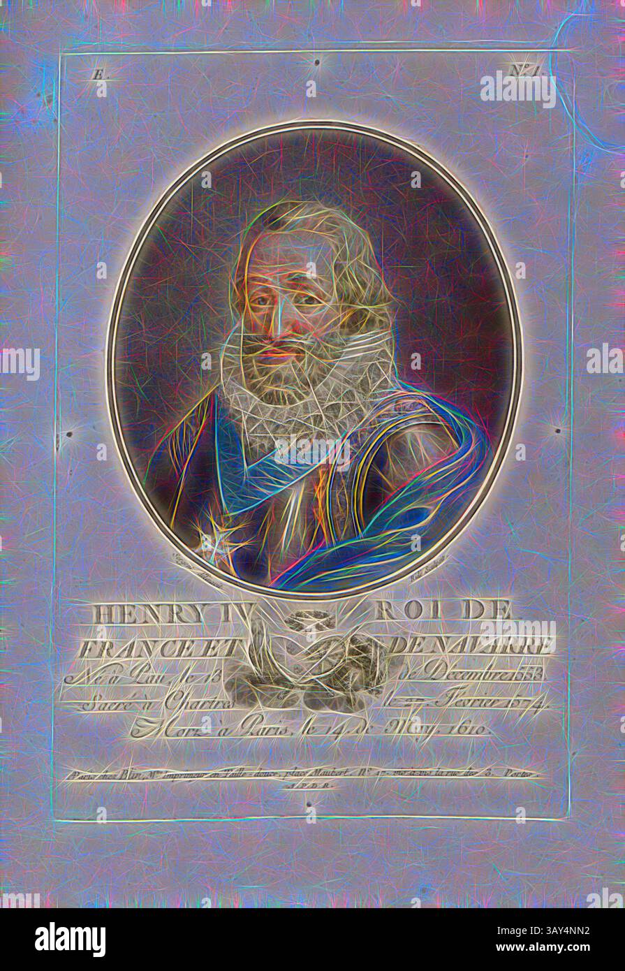 Eine historische Darstellung Heinrichs IV. Von Frankreich, mit komplizierten Details in seiner Kleidung und einem markanten Rüschenkragen, umgeben von kunstvollen Rahmen und Inschriften, die seine Herrschaft hervorheben. Heinrich IV. König von Frankreich und Navarra, Heinrich IV., König von Navarra und Frankreich, signiert: Sergent (delinavit); Ridé (Skulptur); chez Blin, E-Nr. 1, Sergent, Antoine Louis Francois (delinavit); Ridé (sculpsit); Blin (chez), Antoine Francois Sergent-Marceau: Portraits des grands hommes, femmes illustres et sujets mémorables de France: Gravés et imprimés en couleurs. Dédié au ROI. Bd. 1. Paris: chez Blin Stockfoto