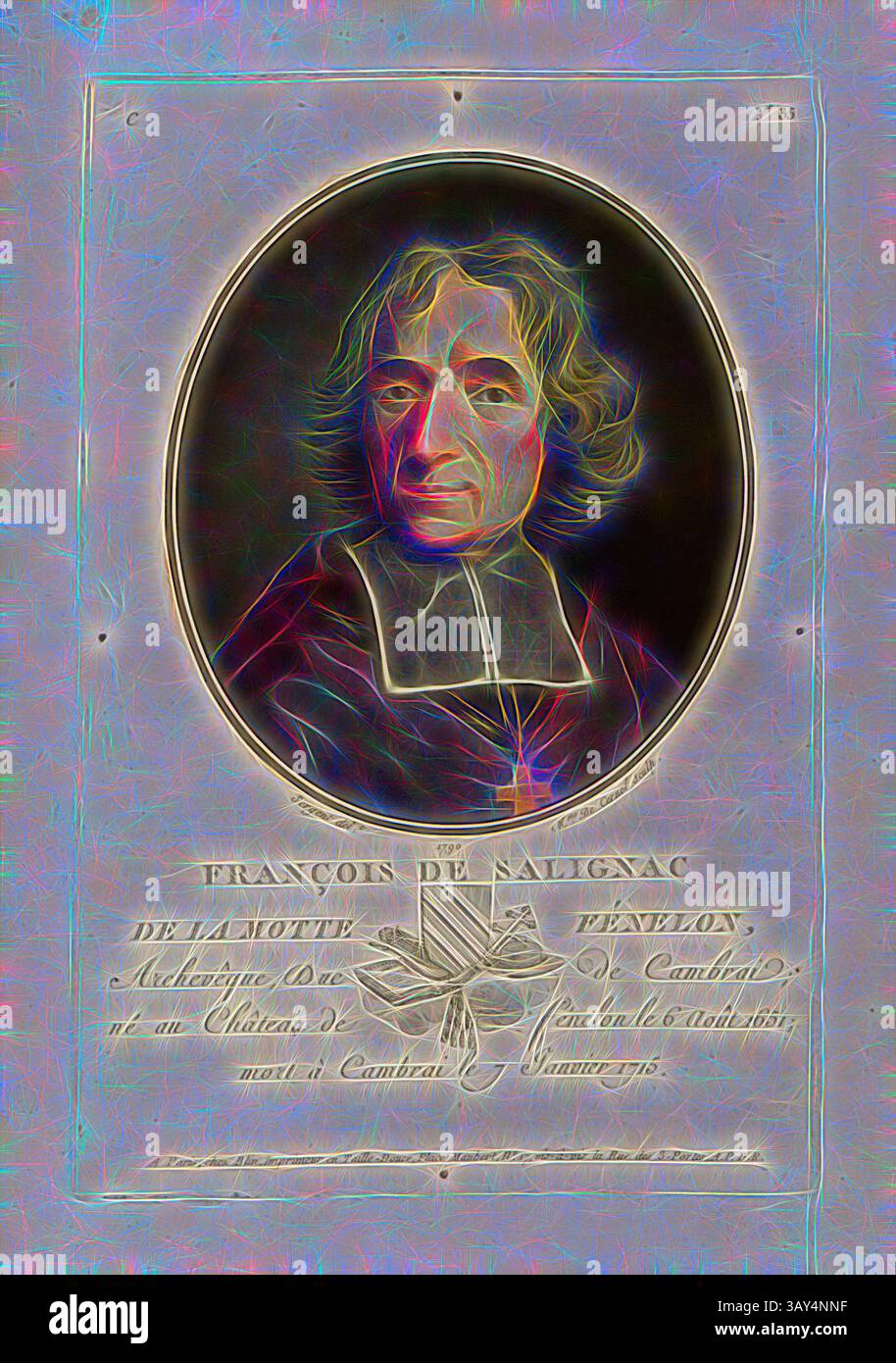 Ein historisches Porträt von Francois de Malignac, mit einer Person in klerikaler Kleidung, mit einem feierlichen Ausdruck. Unter dem Bild sind Details wie Titel, Geburtsort und Datum in eleganter Schrift dargestellt, die der dargestellten Figur einen Kontext verleihen., Francois Salignac de la Motte Fénelon, Francois de Salignac von La Mothe-Fénelon, Erzbischof von Cambrai, signiert: Sergent (del.); Mme. De Cernel (Sculp.); chez Blin, C-Nr. 35, Sergent, Antoine Louis Francois (del.);, Cernel, Marie-Louise-Suzanne Champion de (sc.); Blin (chez), Antoine Francois Sergent-Marceau: Portraits des grands Stockfoto