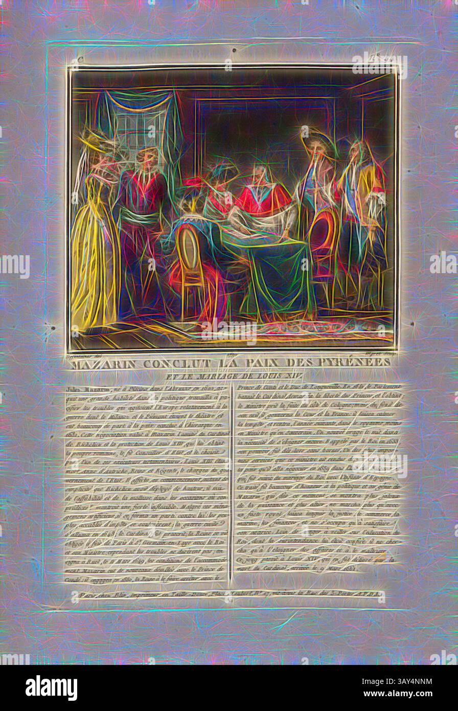 Eine historische Szene, in der Kardinal Mazarin den Vertrag der Pyrenäen aushandelte, umgeben von elegant gekleideten Figuren, die an der Diskussion teilnehmen, mit Text, der das Ereignis unten zusammenfasst., Mazarin schließt den Frieden der Pyrenäen und die Hochzeit von Ludwig XIV., Jules Mazarin unterzeichnet den Frieden der Pyrenäen, unterzeichnet: Desfontaines (del.); Moret (Sculp.); chez Blin, C No 44, Swebach-Desfontaines, Jacques Francois Joseph (del.); Morret, Jean-Baptiste (sc.); Blin (chez), Antoine Francois Sergent-Marceau: Portraits des grands hommes, femmes illustres et sujets mémorables de France: Gravés et Stockfoto