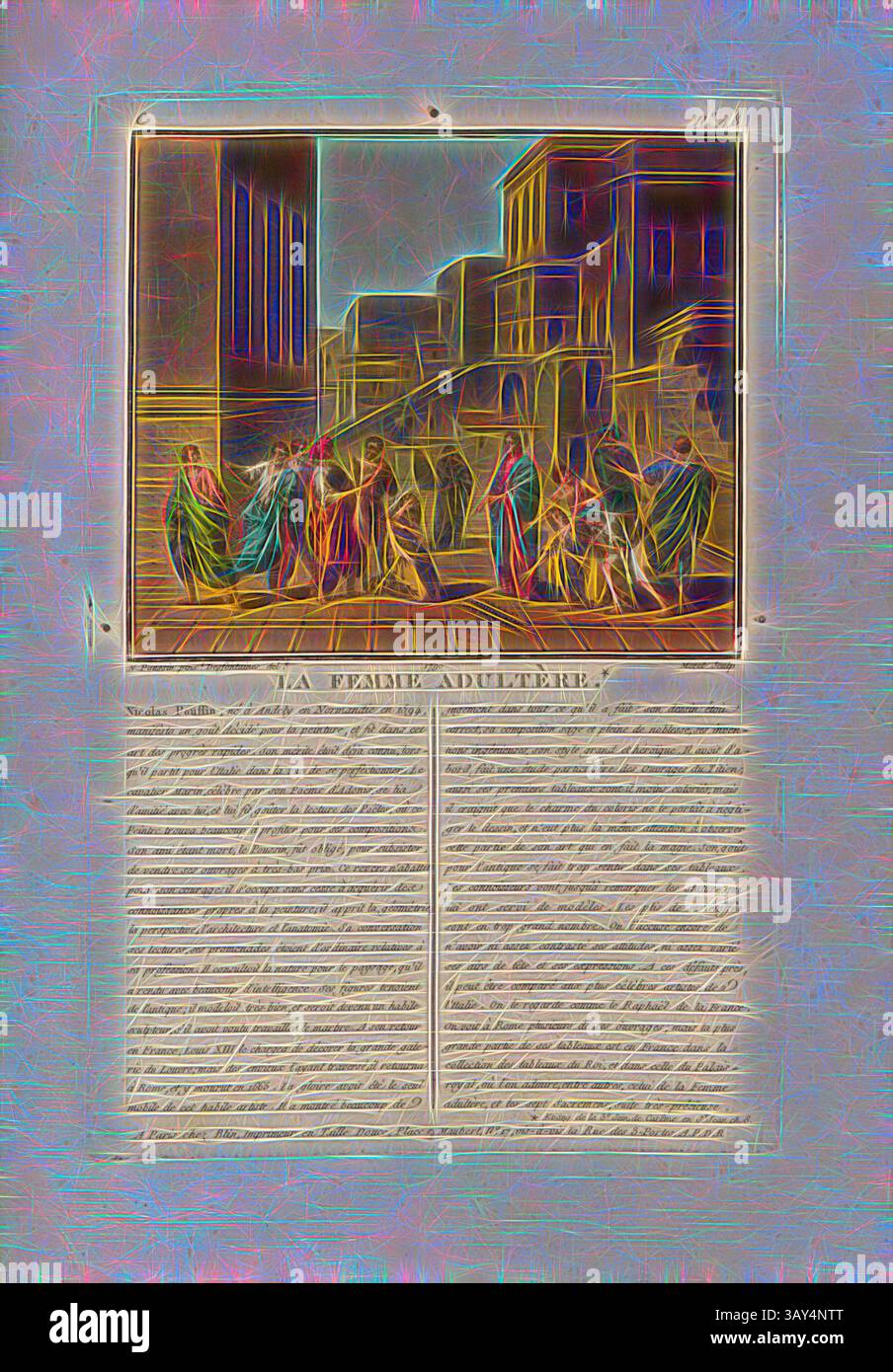 Eine dramatische Szene, die eine Gruppe von Figuren in lebendigen, fließenden Gewändern zeigt, die um ein zentrales Ereignis versammelt sind, das auf Konflikte oder Urteilsvermögen hindeutet, begleitet von beschreibendem Text, der den Kontext der sich vor ihnen abzeichnenden Erzählung bietet., die ehebrecherische Frau, Gemälde Le Christ et la Femme Adult von Nicolas Poussin, 1653, signiert: N. Poussin (pinx.); Desfontaines (del.); Moret (Skulptur); chez Blin, C No 48, Poussin, Nicolas (pinx.); Swebach-Desfontaines, Jacques Francois Joseph (del.); Morret, Jean-Baptiste (Sculp); Blin (chez), Antoine Francois Sergent-Marceau: Portraits des grands hommes Stockfoto