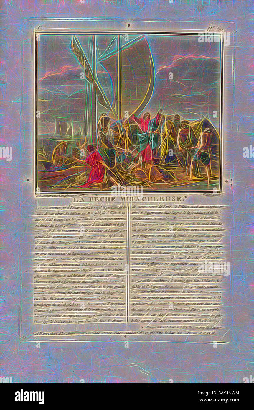 Eine lebendige künstlerische Interpretation zeigt eine Fischszene mit dem Titel „La Pêche Miraculeuse“, die Fischer bei der Arbeit mit einer Vielzahl von bunten Booten und glitzernden Gewässern einfängt, begleitet von beschreibenden Texten, die die Bedeutung ihres Fangs und der Umgebung näher beleuchten., der wundersame Fang, Gemälde der wunderbare Fischzug von Jean Jouvenet, 1706, signiert J. Jouvenet (pinx.); Desfontaines (del.); Moret (Sculp.), C Nr..) 50, Jouvenet, Jean-Baptiste (pinx.); Swebach-Desfontaines, Jacques Francois Joseph (del.); Morret, Jean-Baptiste (sc.), Blin (chez), Antoine Francois Sergent- Stockfoto