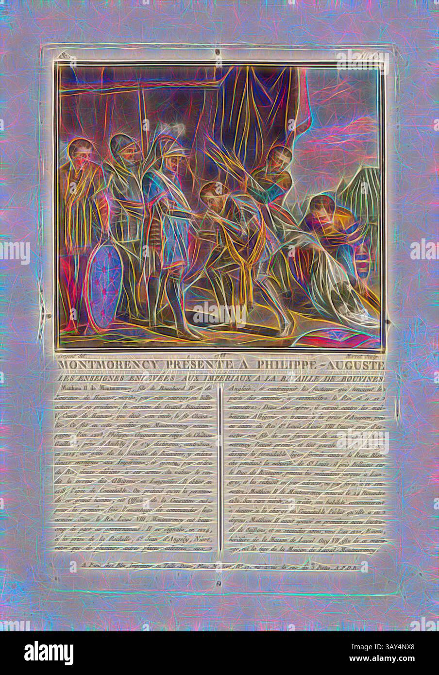 Eine historische Szene, in der Montmorency einen jungen Philippe-Auguste präsentiert, umgeben von Figuren in traditioneller Kleidung, die in einem Moment von Bedeutung sind, mit komplizierten Details und fließenden Stoffen, die die dramatische Atmosphäre unterstreichen. Montmorency stellt Philippe-Auguste die Zeichen vor, die aus der Schlacht von Bouvines entfernt wurden, Mathieu II. De Montmorency und Philipp II. Augustus, signiert: Sergent (del.); Morret (Sculp.); chez Blin, & No 6, Sergent, Antoine Louis Francois (del.); Morret, Jean-Baptiste (sc Stockfoto