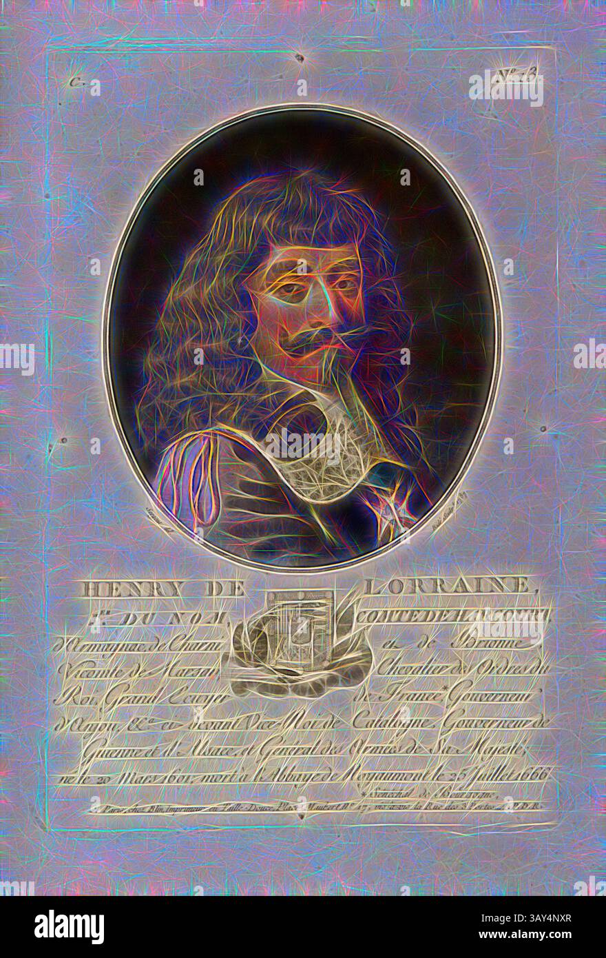 Ein stilisiertes Porträt von Henri de Lorraine, Graf von Harcourt, mit komplizierten Details und einem kunstvollen Hintergrund. Das Bild fängt seine hervorragende Kleidung und seinen durchdachten Ausdruck ein und unterstreicht seine historische Bedeutung. Heinrich von Lothringen, I. des Namens, Bericht von Harcourt, Henri de Lorraine, Comte d'Harcourt, d'Armagnac, de Brionne, vicomte de Marsan, acuh Cadet de la Perle, unterzeichnet: Sergent (del.); Ridé (Sculp.); chez Blin, C-Nr. 13, Sergent, Antoine Louis Francois (del.); Ridé (Sculp.); Blin (chez), Antoine Stockfoto