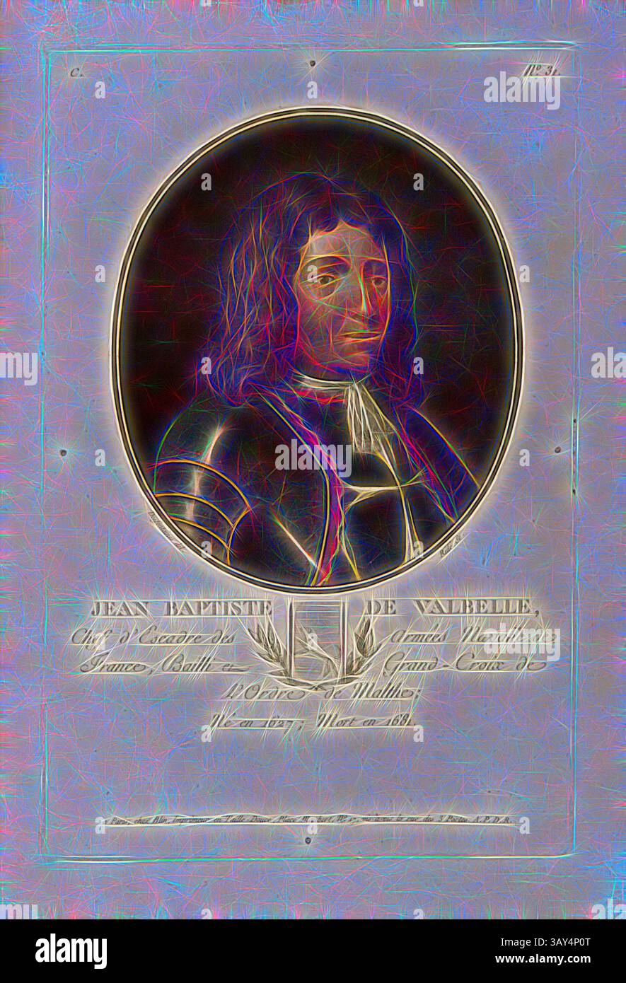 Ein stilisiertes Porträt von Jean Baptiste de Vaubille mit komplizierten Details und einem markanten Rahmen. Die Figur ist in historischen Gewändern dargestellt, komplett mit Rüstung, und eine ornamentale Inschrift unten hebt seinen Titel und seine Beiträge hervor. Jean Baptiste de Valbelle, Jean-Baptiste de Valbelle, Marquis de Tourves, Baron de La Tour, signiert: Desfontaines (del.); Ridé (sculp.); chez Blin, C No 31, Swebach-Desfontaines, Jacques Francois Joseph (del.); Ridé (sculp.); Blin (chez), Antoine Francois Sergent-Marceau: Portraits des grands hommes, femmes illustres et sujets mémorables de France: Gravés Stockfoto