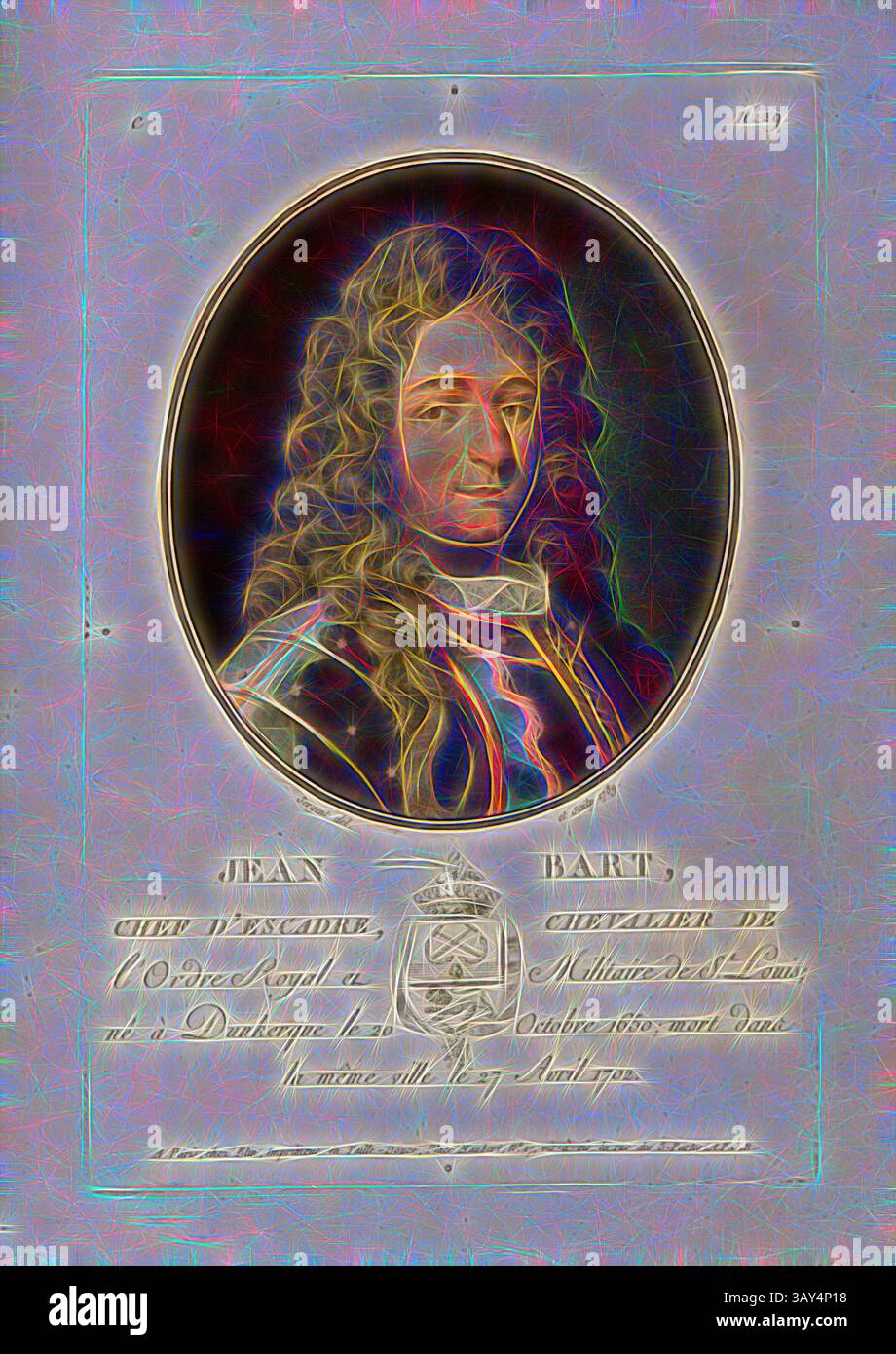 Ein königliches Porträt von Jean Bart, das sein unverwechselbares langes Haar und seine kunstvolle Kleidung zeigt, eingerahmt mit eleganten Verzierungen und begleitet von einer Inschrift, die seinen Titel und seine Erfolge beschreibt. Jean Bart, Wing Commander, Jean Bart, Buccaneer aus Flandern, in den Diensten von König Ludwig XIV., unterzeichnet: Sergent (del. et sculp.); chez Blin, C No. 29, Sergent, Antoine Louis Francois (del. Et sculp.); Blin (chez), Antoine Francois Sergent-Marceau: Portraits des grands hommes, femmes illustres et sujets mémorables de France: Gravés et imprimés en couleurs. Dédié au ROI. Bd. 2. Paris: chez Blin Stockfoto