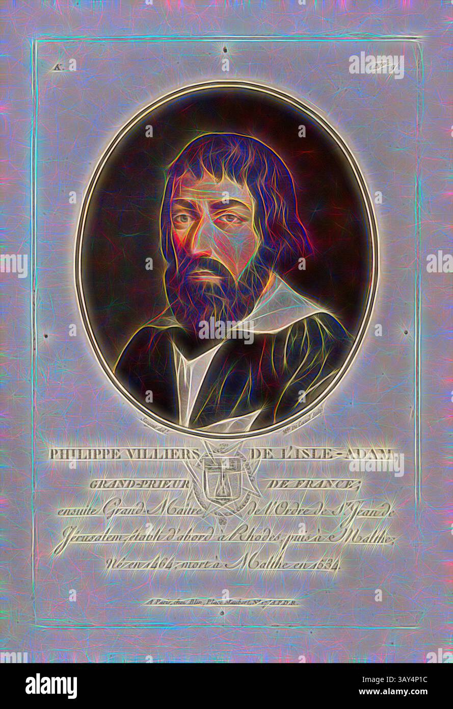 Ein historisches Porträt von Philippe Villiers de L'Isle-Adam, mit einer detaillierten Gravur seines Gesichts und seiner Kleidung, eingerahmt von kunstvollen dekorativen Elementen und Inschriften, die ihn als eine bedeutende Figur aus der französischen Vergangenheit kennzeichnen., Philippe Villiers von Isle-Adam, Großprior von Frankreich, Philippe de Villiers de l'Isle-Adam, Großmeister des Johannisordens, signiert: Sergent (del.); MDE de Cernel (Skulptur); chez Blin 9, Sergent, Antoine Louis Francois (del.); Cernel, Marie-Louise-Suzanne Champion de (sc.); Blin (chez), Antoine Francois Sergent-Marceau: Portraits des grands hommes, femmes Stockfoto