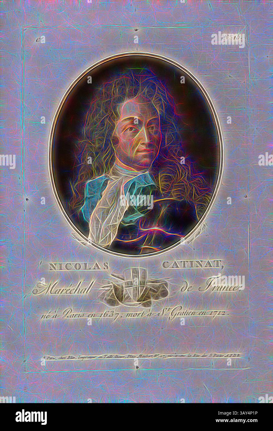 Ein stilisiertes Porträt von Nicolas Catinat, einem prominenten Marschall von Frankreich, mit aufwendigen Details und einer königlichen Pose, die seine unverwechselbare Frisur und Kleidung aus dem 17. Jahrhundert unterstreicht. Künstlerische Verzierungen prägen die Komposition und verstärken ihre historische Bedeutung. Nicolas Catinat, Marschall von Frankreich, Nicolas III., de Catinat de La Fauconnerie, Seigneur de Saint-Gratien, Marschall von Frankreich, signiert: Sergent (del.); Roger (Sculp.); chez Blin, C-Nr. 15, Sergent, Antoine Louis Francois (del.); Roger, Louis (sculp.); Blin (chez), Antoine Francois Sergent-Marceau: Portraits des grands Stockfoto