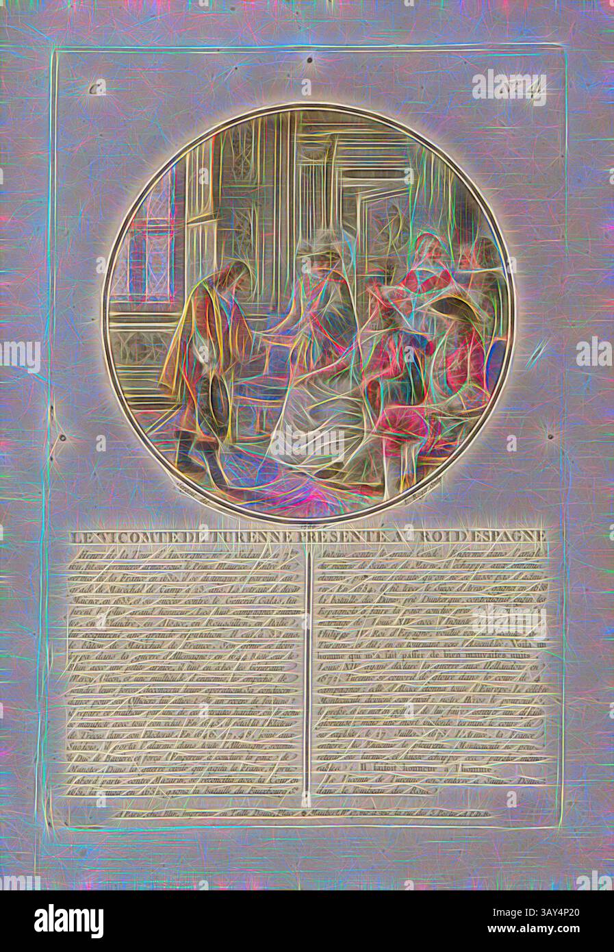 Eine historische Szene fängt eine formelle Präsentation ein, bei der Figuren in historischen Kleidern eine wichtige Diskussion führen. Der kunstvolle Rahmen und die detaillierten Illustrationen verstärken die Pracht des Augenblicks, während Inschriften den Kontext für das stattfindende Ereignis darstellen., die Vicomte de Turenne präsentierte dem König von Spanien, Henri de La Tour d'Auvergne, vicomte de Turenne und Philippe IV., König von Spanien, signiert: Sergent (del.); L. Roger (Sculp.), C No 4, Sergent, Antoine Louis Francois (del.); Roger, Louis (sc.); Blin (chez), Antoine Francois Sergent-Marceau: Portraits des grands hommes, femmes Stockfoto