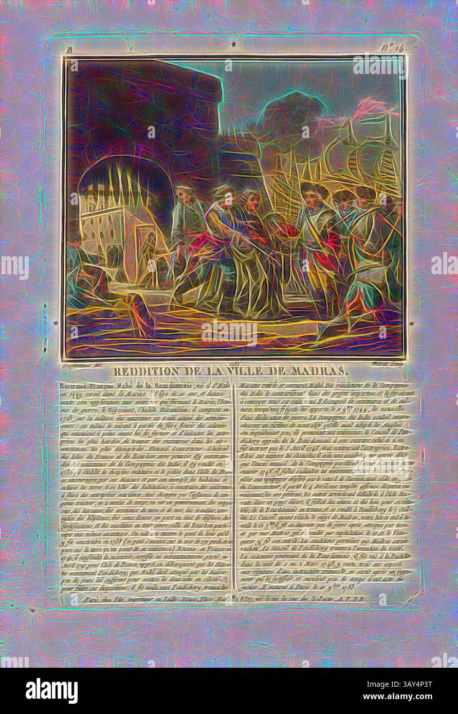 Eine historische Darstellung einer Schlachtszene mit Truppen und Schiffen, begleitet von ausführlichen Texten, die das Ereignis rund um die Kapitulation einer Stadt beschreiben. Das Kunstwerk fängt die Intensität und Bewegung des Augenblicks ein und betont die dramatischen Aktionen der Soldaten und die Kulisse der Schiffe auf dem Wasser., Kapitulation der Stadt Madras, Eroberung von Madras unter Admiral Bertrand Francois Mahé de La Bourdonnais, signiert: Desfontaines (del.); Moret (Sculp.); chez Blin, B-Nr. 14, Swebach-Desfontaines, Jacques Francois Joseph (del.); Morret, Jean-Baptiste (sc.); Blin (chez), Antoine Francois Stockfoto