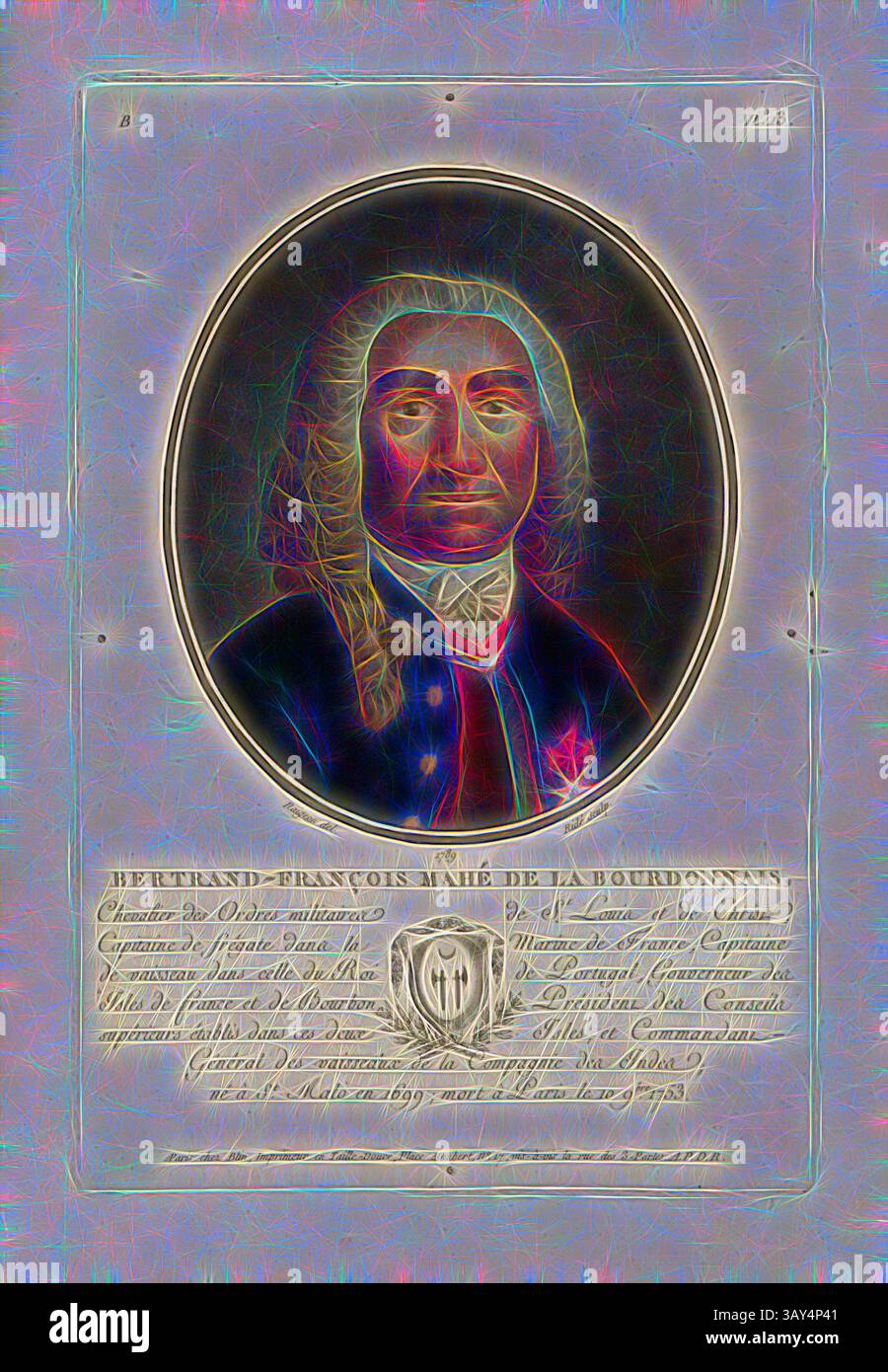 Ein stilisiertes Porträt einer historischen Figur mit einer detaillierten Darstellung mit aufwendig gestalteten Elementen rund um das Motiv. Unterhalb der Abbildung befindet sich eine kunstvolle Inschrift, die den Kontext über das Individuum vermittelt, neben symbolischen Motiven. Die gesamte Ästhetik hat eine lebendige, künstlerische Qualität. Bertrand-Francois Mahé von Bourdonnais, Bertrand Francois Mahé de La Bourdonnais, französischer Admiral, signiert: Naigeon (del.); Ridé (Sculp.); chez Blin, B-Nr. 13, Naigeon (del.); Ridé (sculp.); Blin (chez), Antoine Francois Sergent-Marceau: Portraits des grands hommes, femmes illustres et Stockfoto