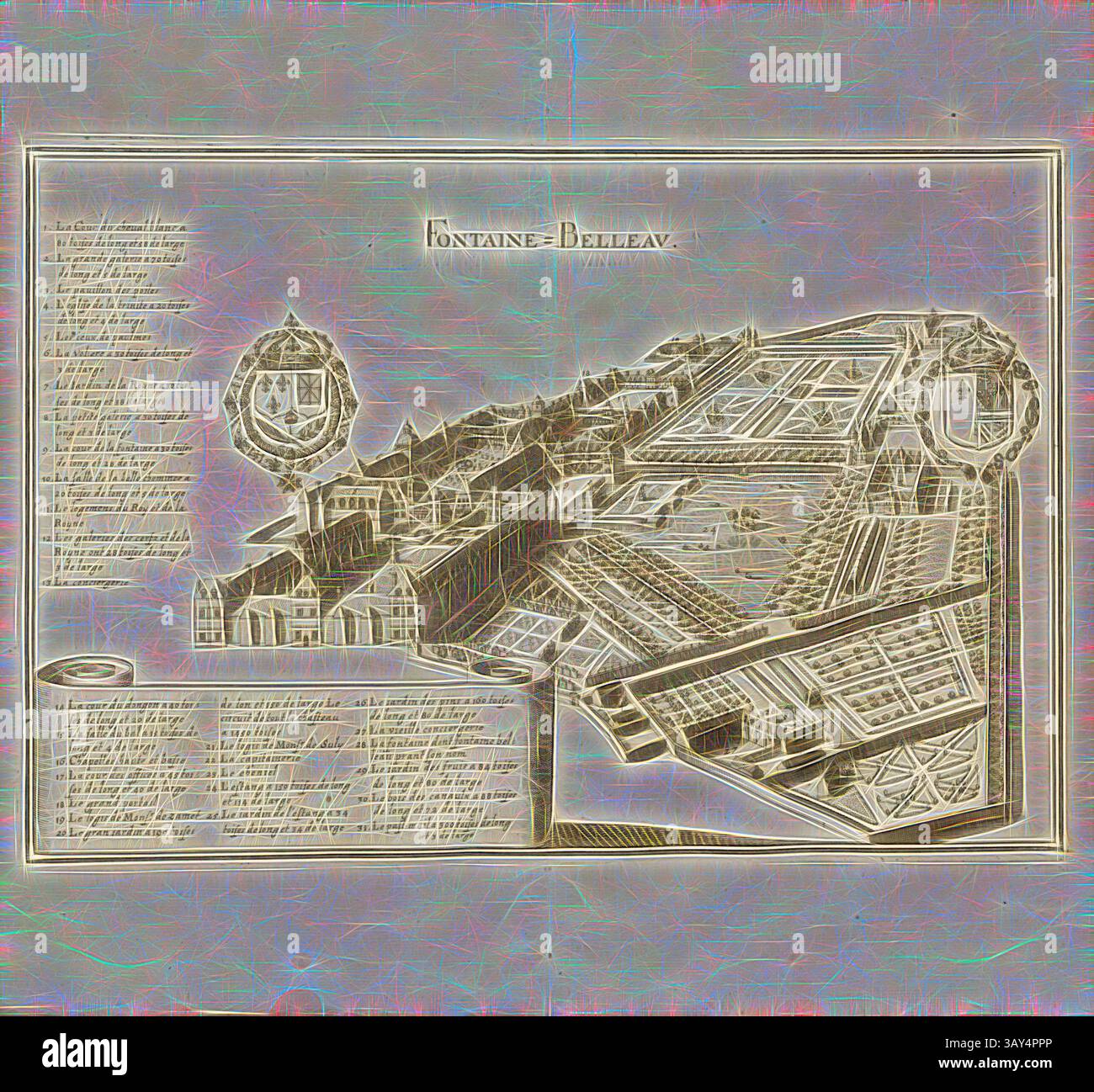 Ein Blick aus der Vogelperspektive auf ein landschaftliches Anwesen mit geometrischen Gartendesigns, Wegen und komplizierten Details, begleitet von beschreibendem Text und verzierten Wappen. Das Layout spiegelt einen historischen architektonischen Stil wider und zeigt die Pracht des Anwesens und seiner Umgebung., Fontaine-Belleau, Château de Fontainebleau in Frankreich, Abb. 88, S. 96, Martin Zeiller: Topographia Galliae, oder, Beschreibung und Contrafaitung der vornehmbsten und Dohmbsten Oerter in dem mächtigen und grossen Königreich Franckreich: Beedes auss eygner Erfahrung und den besten und Dohmbtesten Scribenten so in Stockfoto
