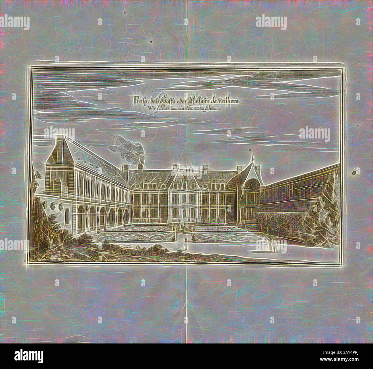 Ein großes historisches Gebäude mit komplexen architektonischen Details, umgeben von einem ruhigen Innenhof mit einem zentralen Brunnen, unter einem bewölkten Himmel. Die Szene weckt ein Gefühl von Eleganz und Zeitlosigkeit und unterstreicht die Schönheit des klassischen Designs. Von den Hoffs oder Pallasts de Vrilliere, wie sie im Garten zu sehen sind, Hôtel de La Vrillière und Garten in Paris, Abb. 71, S. 64, Martin Zeiller: Topographia Galliae, oder, Beschreibung und Contrafaitung der vornehmbsten und Janutisten Oerter in dem mächtigen und grossen Königreich Franckreich: Beedes auss eygner Erfahrung und den besten und Stockfoto