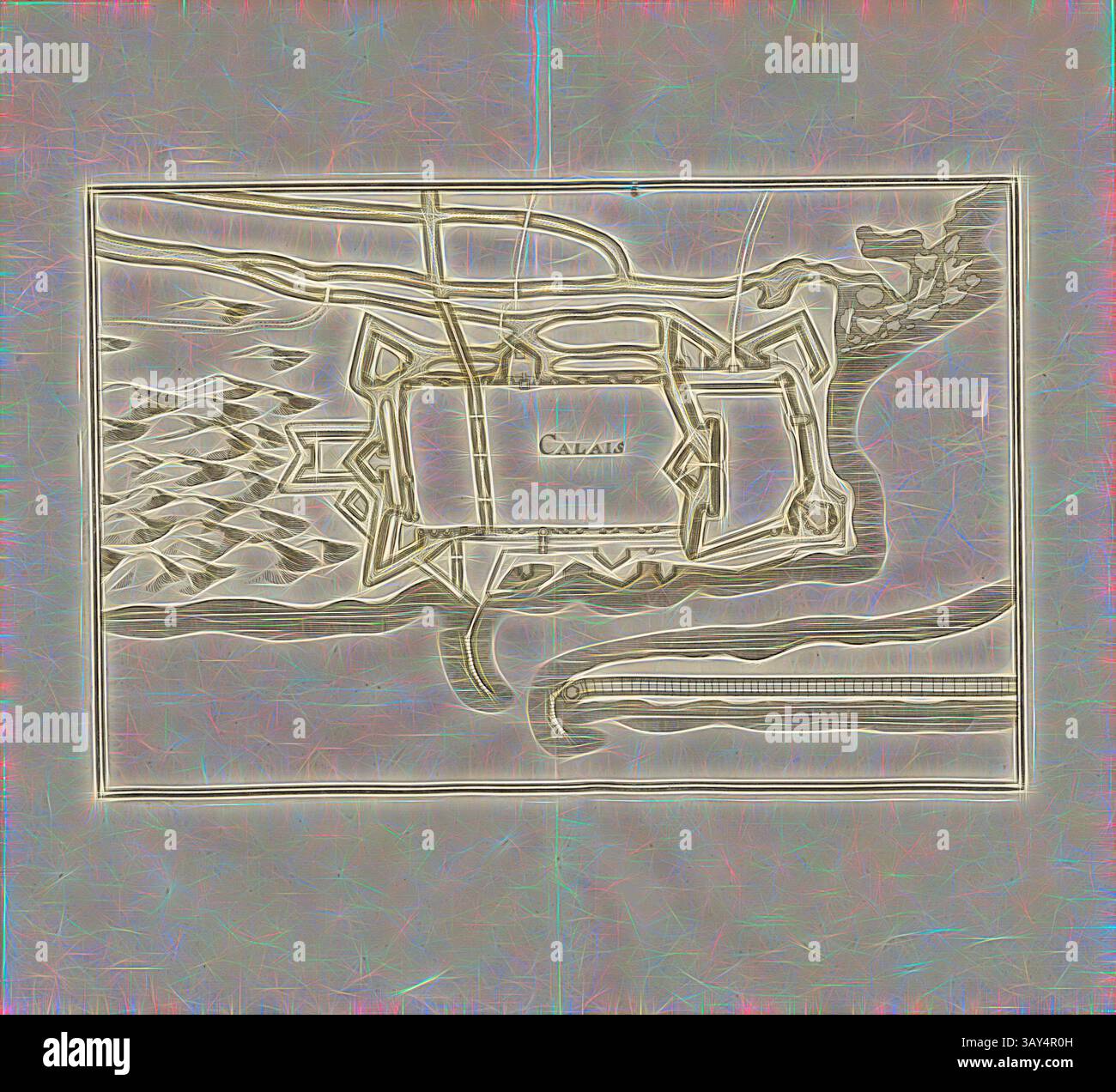 Eine detaillierte, künstlerische Darstellung der Stadt Calais mit komplexen Linien, die das Stadtbild und die umliegenden Elemente umreißen und an historische Bedeutung und geographischen Kontext erinnern., Calais, Plan der Festung Calais, Abb. 10, Zweyter Theil, After S. 18, Martin Zeiller: Topographia Galliae, oder, Beschreibung und Contrafaitung der vornehmbsten und Dohmbsten Oerter in dem mächtigen und großen Königreich Franckreich: Beedes auss eygner Erfahrung und den besten und Dohmbtesten Scribenten so in underschiedlichen Spraachen davon aussgangen seyn auch auss erlangten Bericht Stockfoto