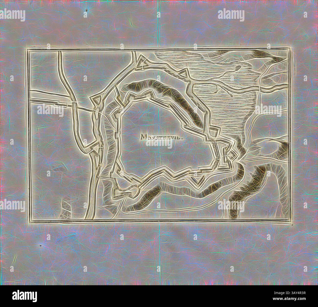 Eine stilisierte Karte mit gewundenen Linien, die die Geographie eines Ortes mit der Bezeichnung „Monstrevil“ umrahmt von komplizierten Mustern und Texturen, die seinen künstlerischen Reiz verstärken., Monstreuil, Plan der Festung Montreuil-l'Argillé, Abb. 22, Zweyter Theil, After S. 26, Martin Zeiller: Topographia Galliae, oder, Beschreibung und Contrafaitung der vornehmbsten und Dohmbsten Oerter in dem mächtigen und großen Königreich Franckreich: Beedes auss eygner Erfahrung und den besten und Dohmbtesten Scribenten so in underschiedlichen Spraachen davon aussgangen seyn auch auss erlangten Bericht- und Stockfoto