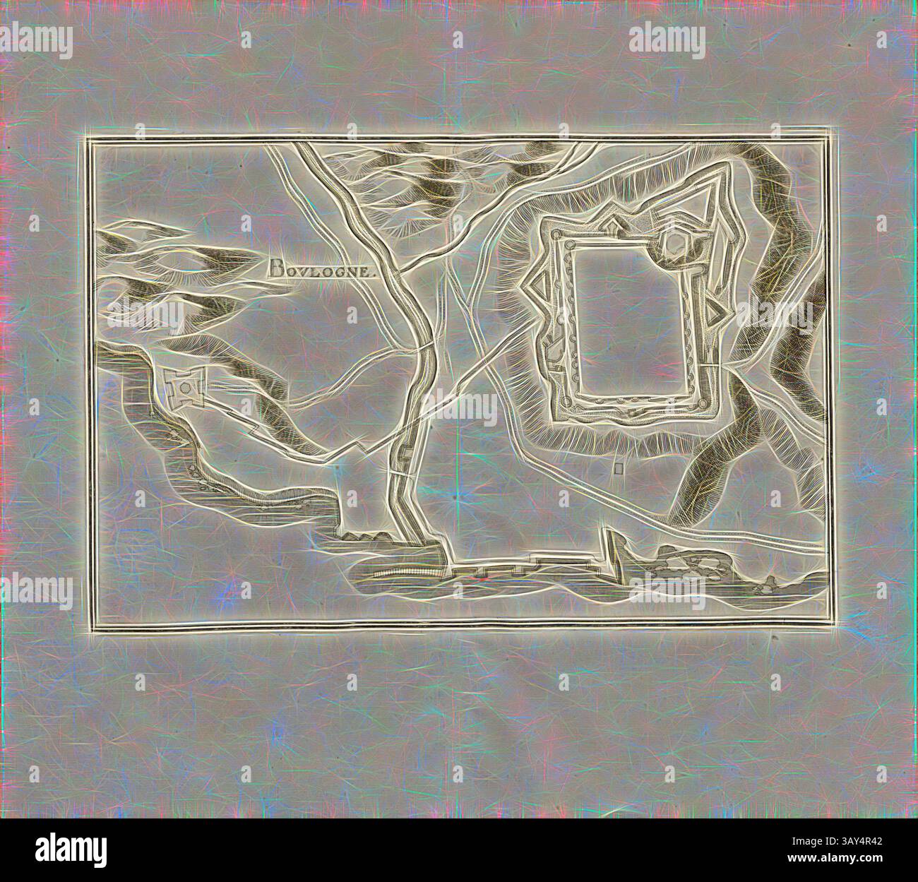 Eine detaillierte mittelalterliche Karte, die das Layout von Boulogne zeigt, mit komplizierten Linien und Entwürfen, die die umliegende Landschaft, bemerkenswerte Strukturen und Wasserstraßen umreißen und ein Gefühl historischer Entdeckungen wecken., Boulogne, Plan of the Festung Boulogne, Abb. 8, Zweyter Theil, After S. 16, Martin Zeiller: Topographia Galliae, oder, Beschreibung und Contrafaitung der vornehmbsten und Janutisten Oerter in dem mächtigen und großen Königreich Franckreich: Beedes auss eygner Erfahrung und den besten und Dohmbtesten Scribenten so in underschiedlichen Spraachen davon aussgangen seyn auch auss Stockfoto