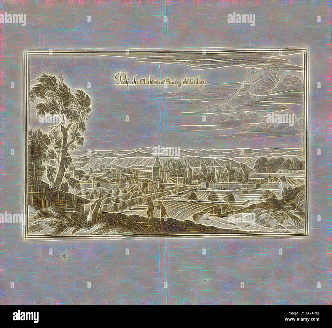 Eine Panoramalandschaft mit sanften Hügeln und einem ruhigen Tal, mit Bäumen, die die Szene umrahmen, und einem sanft bewölkten Himmel darüber. Die ruhige Umgebung fängt das Wesen der Schönheit der Natur in einer stilisierten Form ein. Chasteau und Bourg de Tanlay, Château de Tanlay in Tanlay, Abb. 71, Dritter Teil, nach S. 32, Martin Zeiller: Topographia Galliae, oder, Beschreibung und Contrafaitung der vornehmbsten und Dohmbsten Oerter in dem mächtigen und großen Königreich Franckreich: Beedes auss eygner Erfahrung und den besten und Dohmbtesten Scribenten so in underschiedlichen Spraachen davon aussgangen Stockfoto