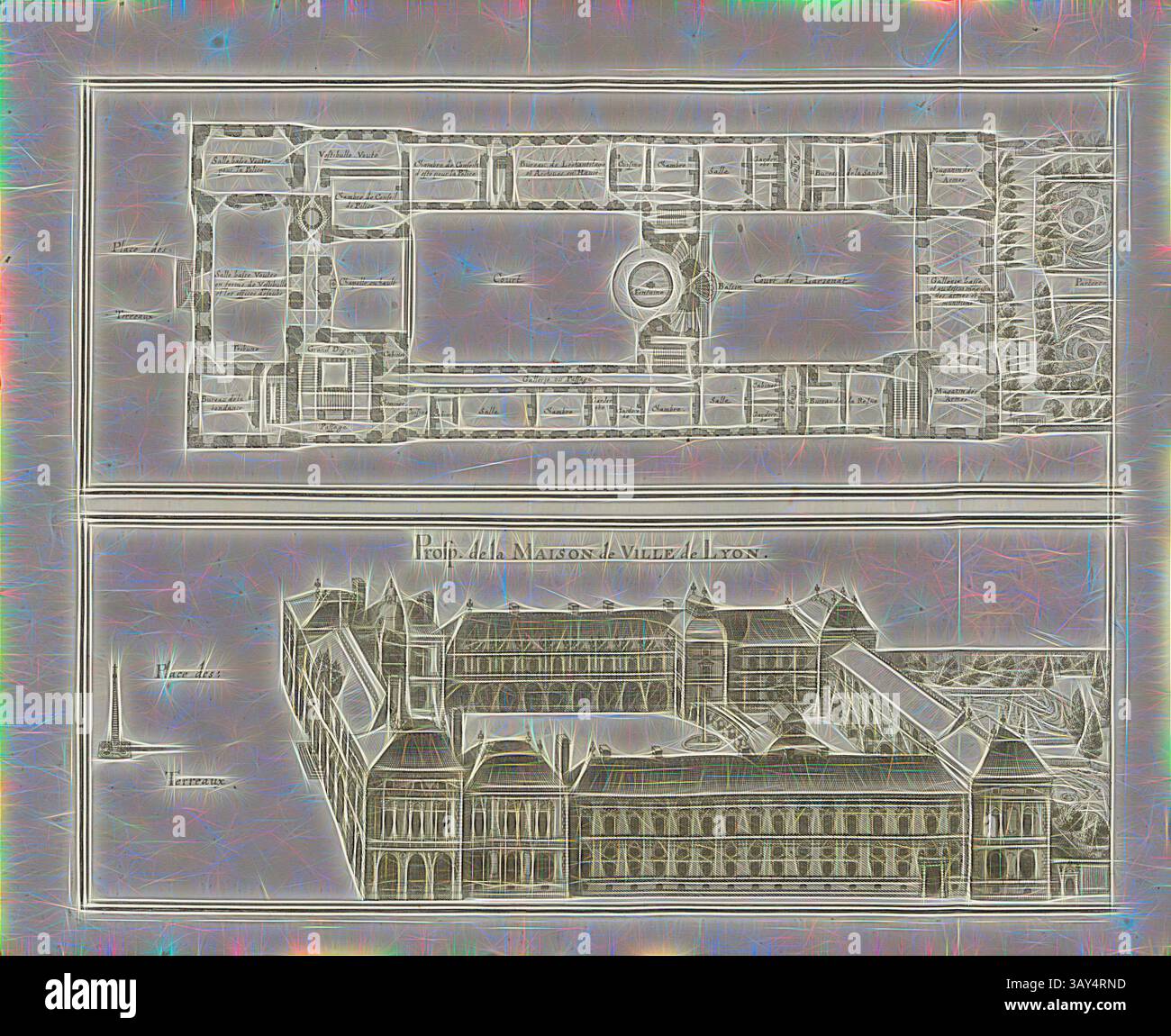 Ein architektonischer Entwurf zeigt ein detailliertes Layout eines großen Gebäudes, wobei eine elegante Fassade und das umliegende Gelände hervorgehoben werden, wobei Symmetrie und komplizierte Designelemente betont werden., Prosp. Vom Stadthaus von Lyon, Grundriss und Blick auf das Rathaus von Lyon, Abb. 29, fünfter Teil, nach S. 10, Martin Zeiller: Topographia Galliae, oder, Beschreibung und Contrafaitung der vornehmbsten und Dohmbsten Oerter in dem mächtigen und großen Königreich Franckreich: Beedes auss eygner Erfahrung und den besten und Dohmbtesten Scribenten so in underschiedlichen Spraachen davon aussgangen seyn auch Stockfoto