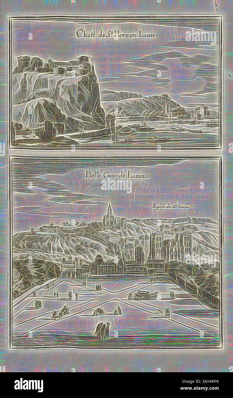 Eine Landschaftsdarstellung zeigt zwei verschiedene Szenen, wobei der obere Teil eine majestätische Burg auf einem Hügel und der untere Teil einen Blick auf die Küste mit einer ruhigen Küste zeigt. Beide Szenen zeigen komplizierte Linienarbeiten, die architektonische und natürliche Elemente hervorheben, umgeben von einer hügeligen Kulisse., Chast. Von St. Peter in Leo und dem schönen Löwenhof, Palais Saint-Pierre und Place Bellecour in Lyon, Abb. 36, fünfter Teil, nach S. 22, Martin Zeiller: Topographia Galliae, oder, Beschreibung und Contrafaitung der vornehmbsten und Janutisten Oerter in dem mächtigen und grossen Königreich Stockfoto