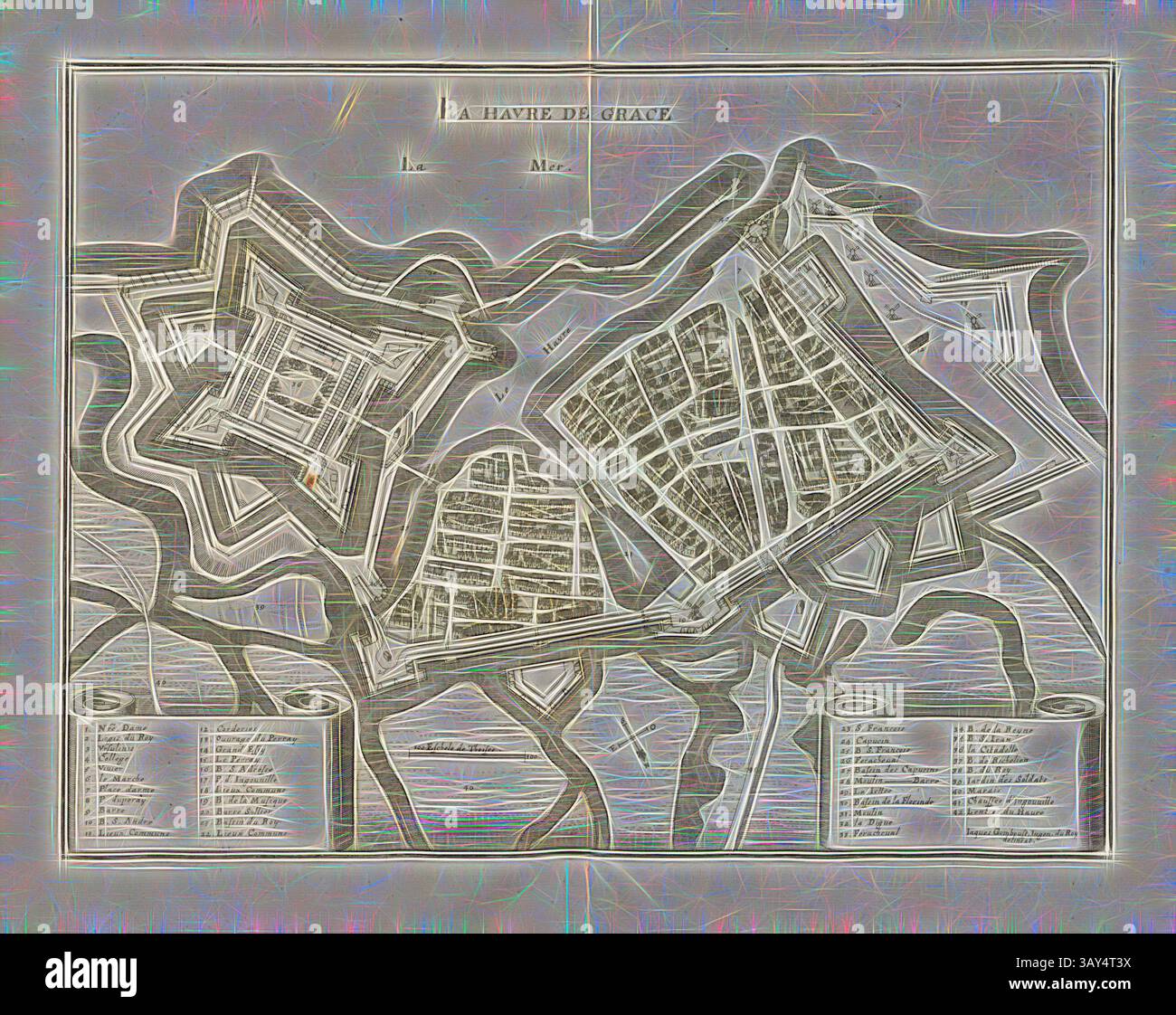 Eine Vintage-Karte von Le Havre, Frankreich, zeigt sein kompliziertes Layout mit detaillierten Straßenmustern und bemerkenswerten Sehenswürdigkeiten, hervorgehoben zusammen mit einer Legende, die verschiedene Merkmale und Orte innerhalb der Stadt identifiziert., Le Havre de la Grace, Plan von Le Havre in der Normandie, signiert: Iacques Gomboust Ingen., You Roy delineat, Abb. 71, Achter Teil, zu S. 18, Gomboust, Jacques (del.), Martin Zeiller: Topographia Galliae, oder, Beschreibung und Contrafaitung der vornehmbsten und Siertisten Oerter in dem mächtigen und grossen Königreich Franckreich: Beedes auss eygner Erfahrung und den besten und Stockfoto