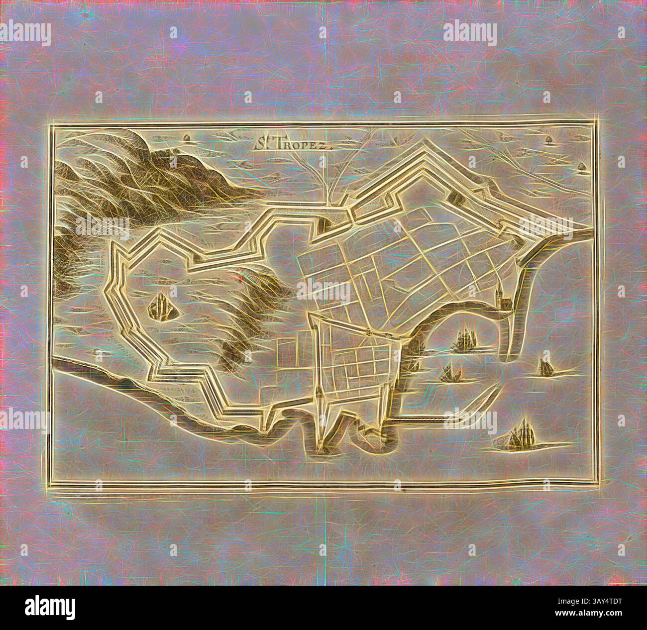 Eine stilisierte Karte von Saint-Tropez, mit einem detaillierten Layout der Stadt, umgeben von bergigem Gelände und Wasser, mit markierten Straßen und Wahrzeichen., St. Tropez, Plan von Saint-Tropez in Frankreich, Abb. 44, 12. Teil, nach S. 36, Martin Zeiller: Topographia Galliae, oder, Beschreibung und Contrafaitung der vornehmbsten und Dohmbsten Oerter in dem mächtigen und großen Königreich Franckreich: Beedes auss eygner Erfahrung und den besten und Dohmbtesten Scribenten so in underschiedlichen Spraachen davon aussgangen seyn auch auss erlangten Bericht- und Relationen von etlichen Jahren Hero Stockfoto