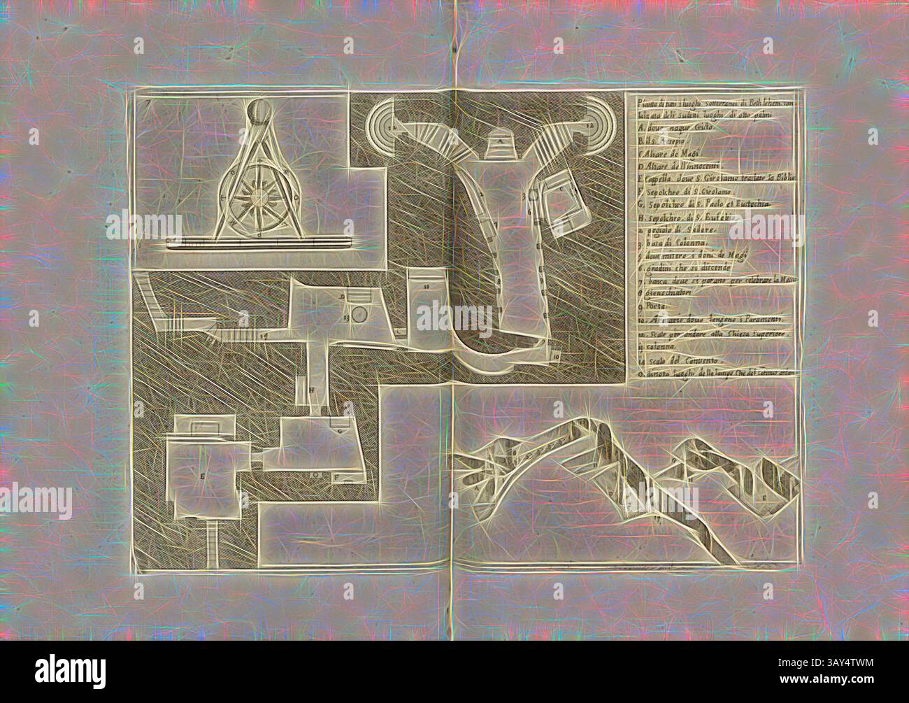 Eine detailreiche Illustration, die verschiedene mechanische Komponenten und Strukturen zeigt, begleitet von beschreibenden Etiketten in einem stilisierten Format, die die Komplexität und Wechselbeziehungen der beteiligten Elemente hervorheben., Plan aller unterirdischen Orte von Bethlehem mit der Höhe der acht Plätze von acht Palmen, Grundriss und Höhe des Untergeschosses der Geburtskirche in Bethlehem, Abb. 5, 7, nach S. 10, Amico, Bernardino (Inv.); Tempesta, Antonio (sc.), 1591, Bernardino Amico da Gallipoli: Trattato delle Piante & Immagini de Sacri Edifizi di Terra Santa Disease Stockfoto