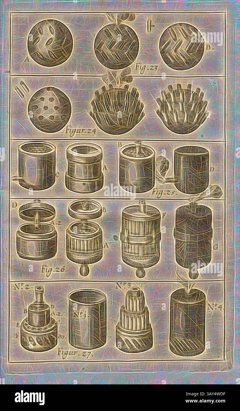 Eine Auswahl an aufwändig gestalteten kulinarischen Werkzeugen und Formen, die verschiedene Formen und Stile für die Zubereitung und Präsentation von Speisen präsentieren. Jeder Artikel ist beschriftet, um seine einzigartigen Funktionen beim Kochen und Backen hervorzuheben. Wasserball 1, verschiedene Arten von Wasserkugeln für Feuerwerk, Abb. 23-27, nach S. 70 (Teil 4), 1730, Kazimierz Siemienowicz, Daniel Elrich, Thoma Leonhard Beeren: Vollkommene Geschütz-Feuerwerck- und Büchsenmeisterey-Kunst: Hiebevor in Lateinischer Sprach beschrieben & mit Fleisz zusammen getragen. Franckfurt am Mayn: In Verlegung Johann David Zunners seel. Erben, wie auch Stockfoto